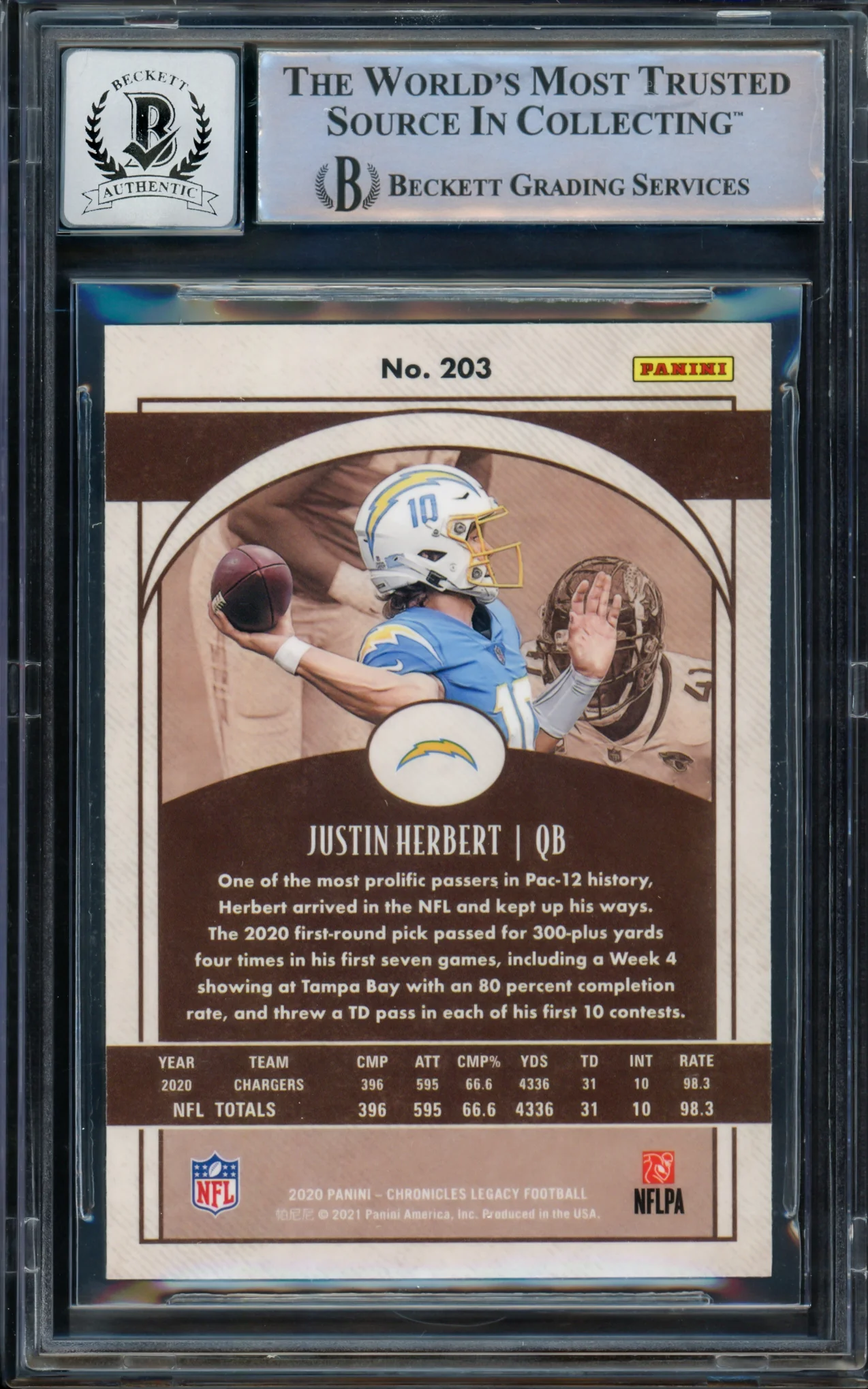 Justin Herbert Autographed 2020 Panini Legacy Rookie Card #203 Los Angeles Chargers Auto Grade Gem Mint 10 Beckett BAS #14243350 - Image 2
