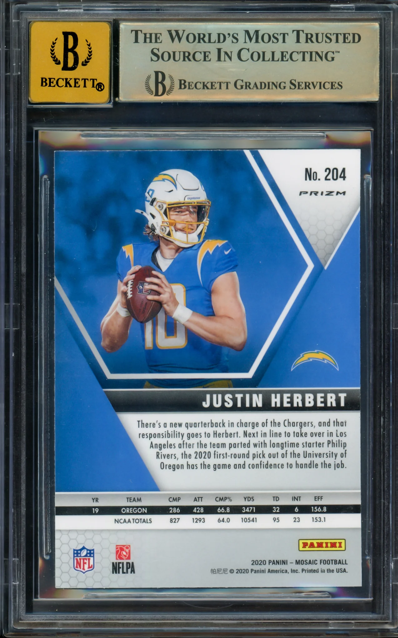 Justin Herbert Autographed 2020 Panini Mosaic Reactive Orange Prizm Rookie Card #204 Los Angeles Chargers BGS 9.5 Auto Grade Gem Mint 10 Beckett BAS #15297495 - Image 2