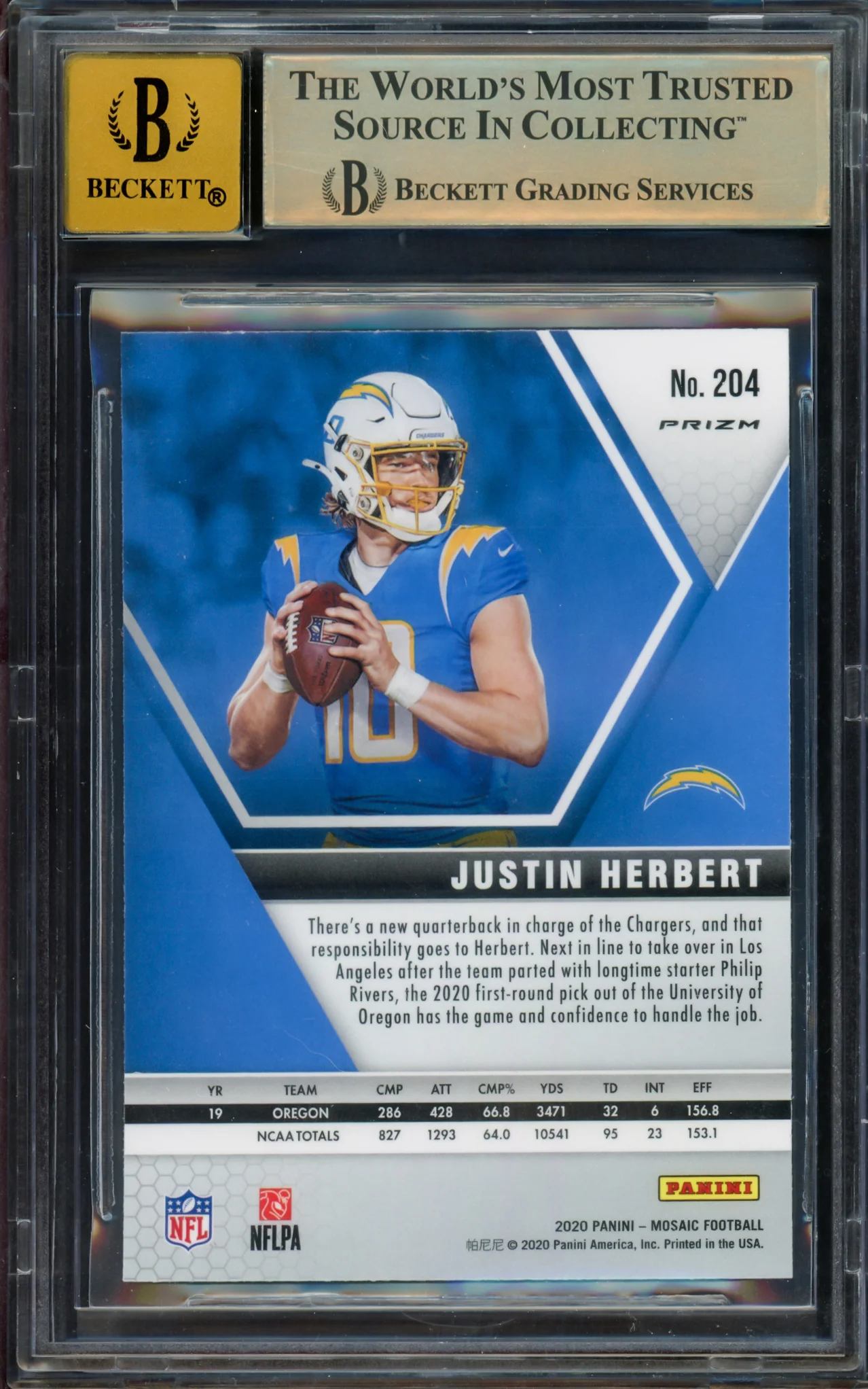 Justin Herbert Autographed 2020 Panini Mosaic Reactive Orange Prizm Rookie Card #204 Los Angeles Chargers BGS 9.5 Auto Grade Gem Mint 10 Beckett BAS #15297496 - Image 2