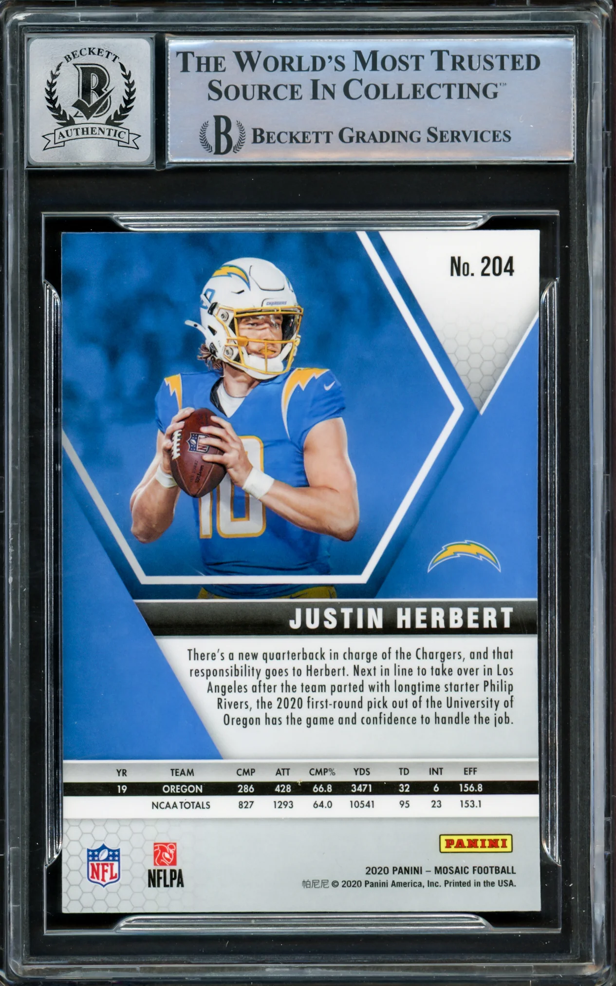 Justin Herbert Autographed 2020 Panini Mosaic Rookie Card #204 Los Angeles Chargers Auto Grade Gem Mint 10 "2020 NFL OROY" Beckett BAS #15860023 - Image 2