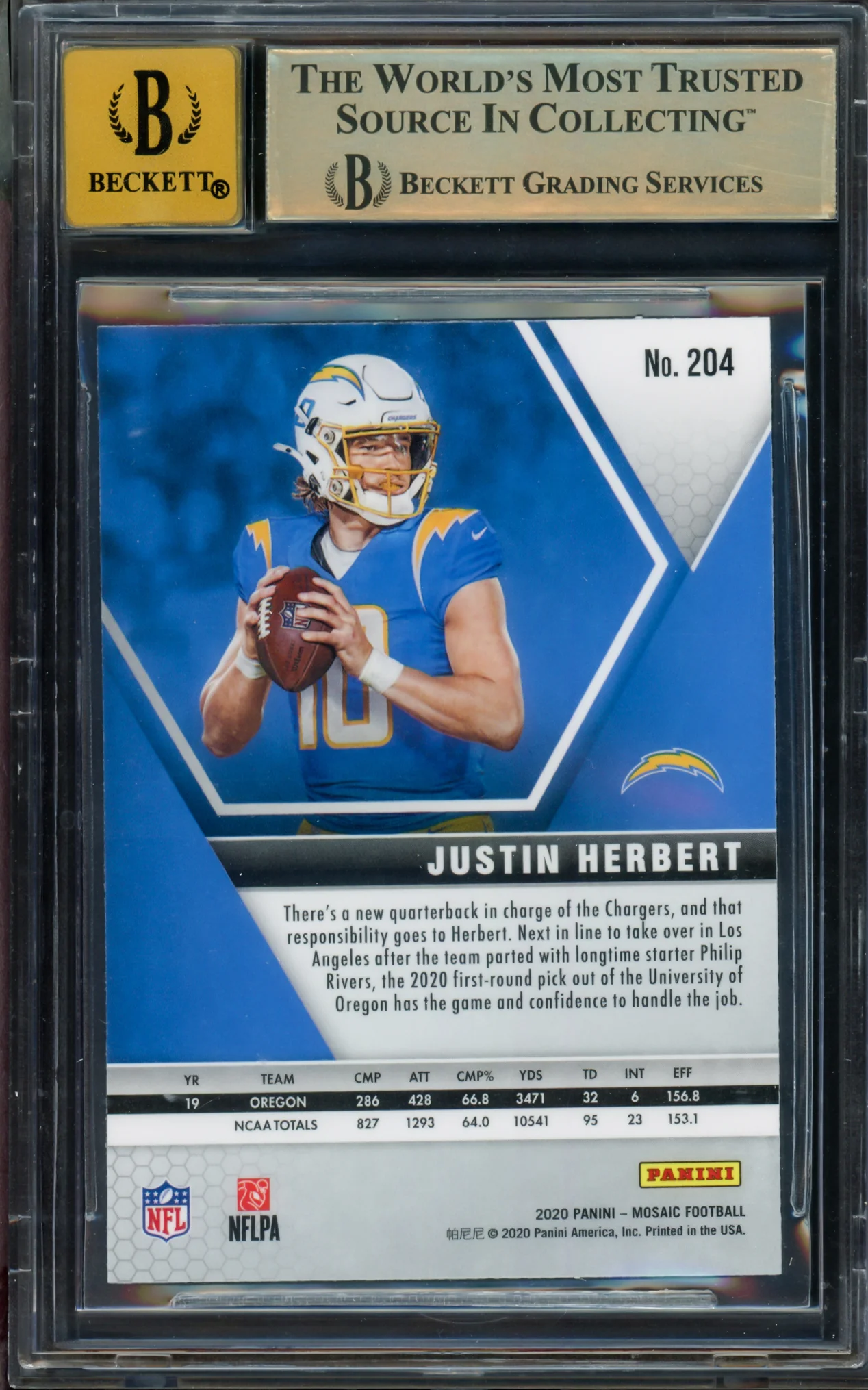 Justin Herbert Autographed 2020 Panini Mosaic Rookie Card #204 Los Angeles Chargers BGS 9.5 Auto Grade Gem Mint 10 Beckett BAS #15297486 - Image 2