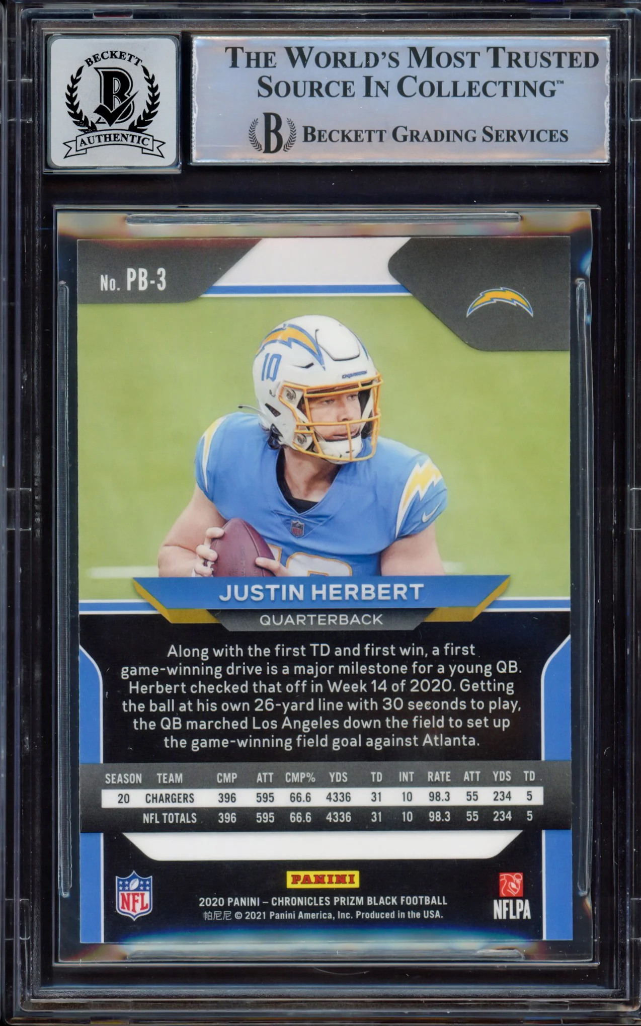 Justin Herbert Autographed 2020 Panini Prizm Black Rookie Card #3 Los Angeles Chargers BGS 8.5 Auto Grade Near Mint/Mint 8 Beckett BAS #15472654 - Image 2