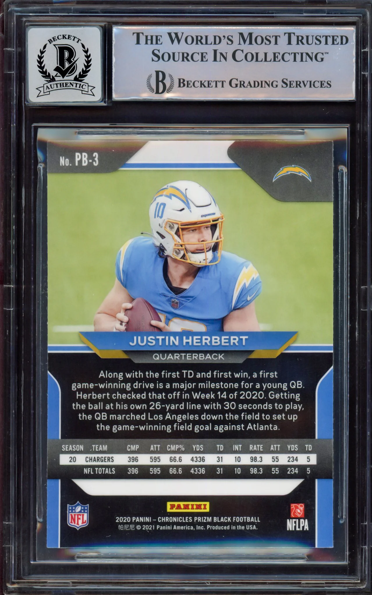 Justin Herbert Autographed 2020 Panini Prizm Black Rookie Card #3 Los Angeles Chargers BGS 9 Auto Grade Near Mint/Mint 8 Beckett BAS #15467845 - Image 2