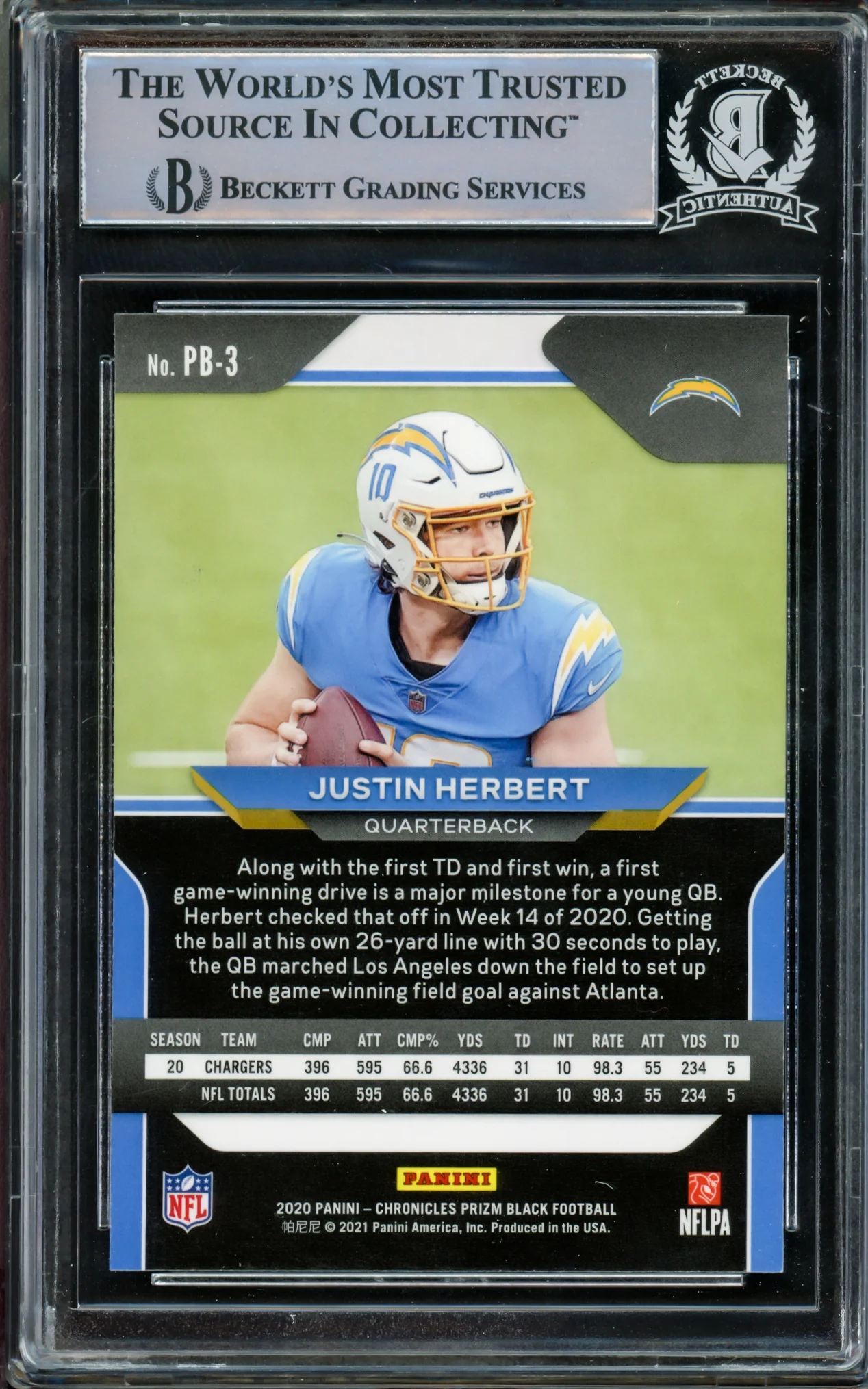 Justin Herbert Autographed 2020 Panini Prizm Black Rookie Card #PB-3 Los Angeles Chargers Beckett BAS #14860672 - Image 2