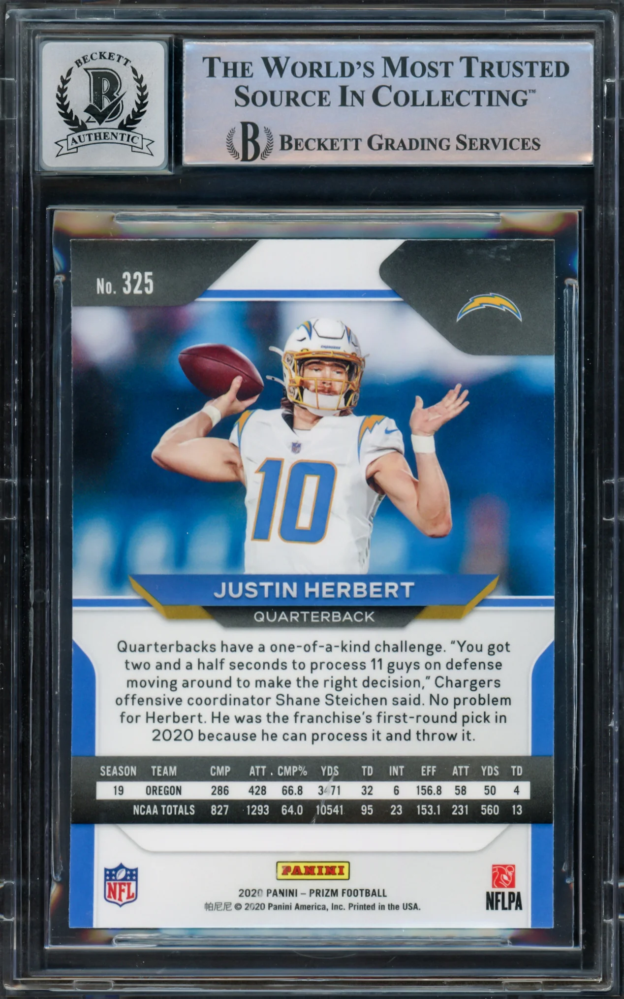 Justin Herbert Autographed 2020 Panini Prizm Rookie Card #325 Los Angeles Chargers Auto Grade Gem Mint 10 Beckett BAS Stock #220329 - Image 2