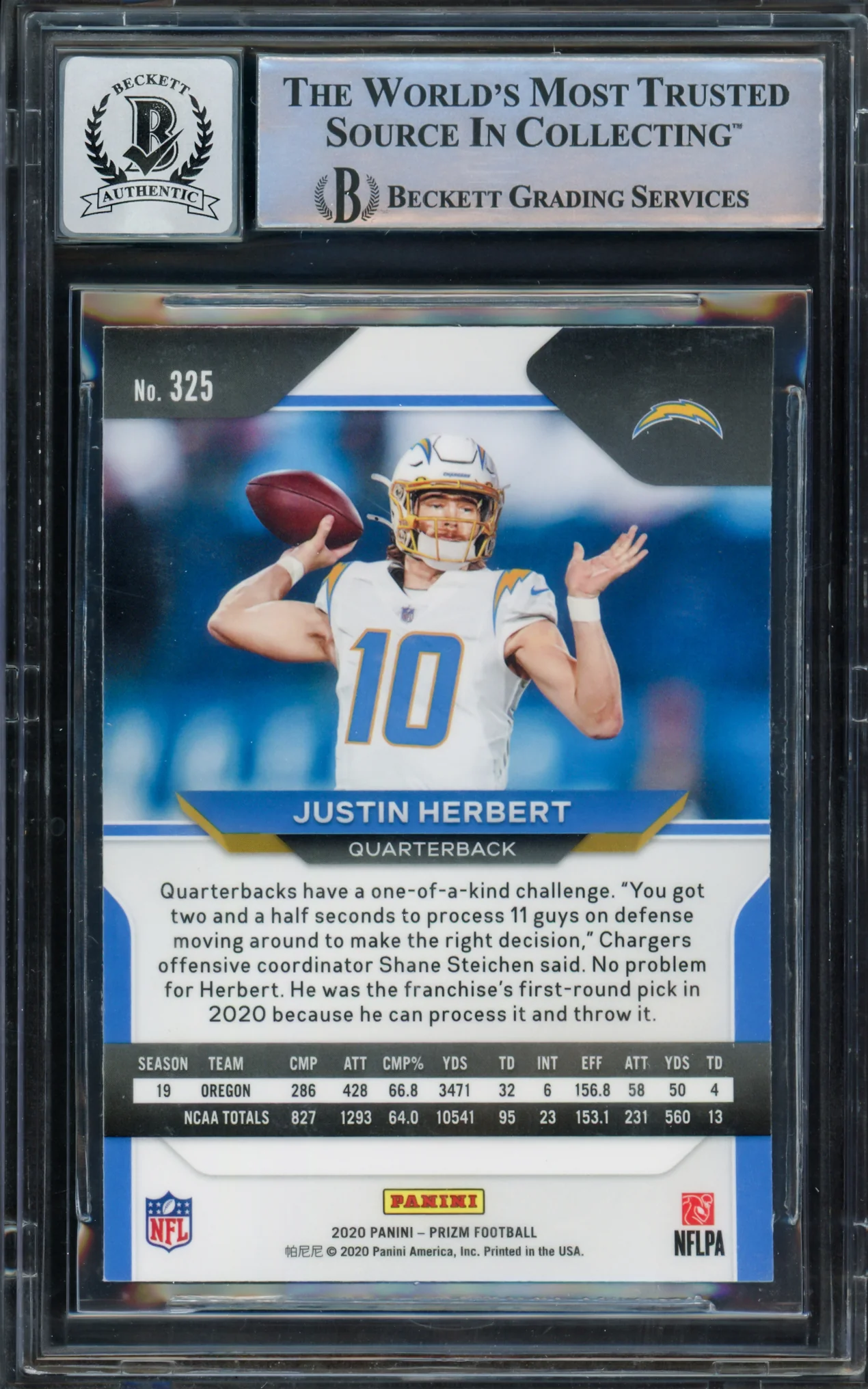 Justin Herbert Autographed 2020 Panini Prizm Rookie Card #325 Los Angeles Chargers Auto Grade Gem Mint 10 Light Blue Beckett BAS #15297968 - Image 2