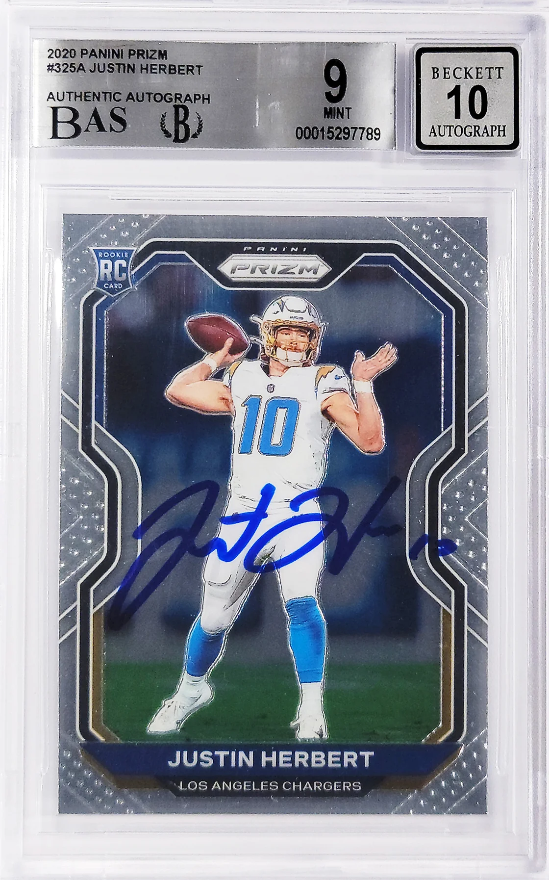 Justin Herbert Autographed 2020 Panini Prizm Rookie Card #325 Los Angeles Chargers BGS 9 Auto Grade Gem Mint 10 Beckett BAS Stock #211828 - Image 2