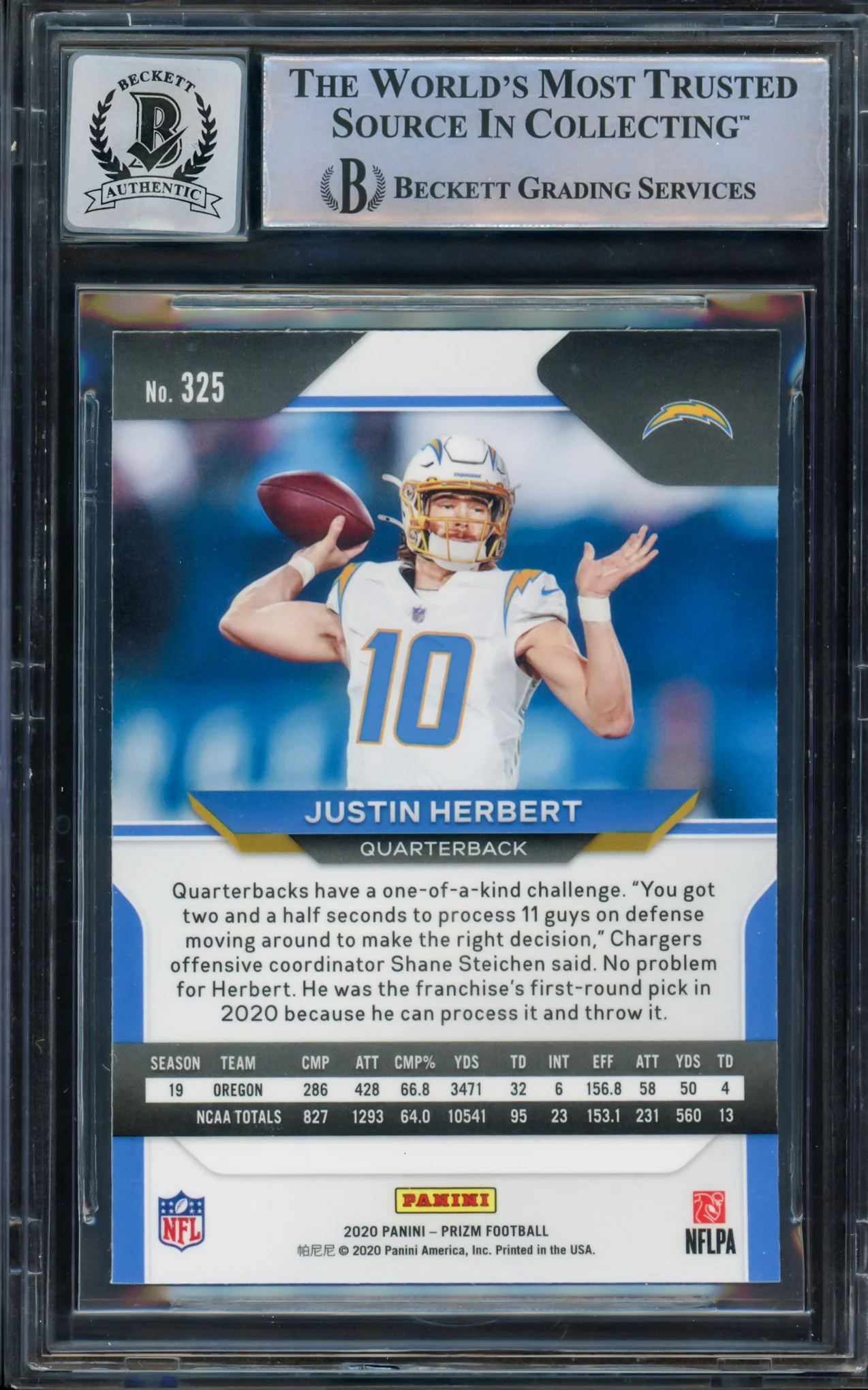 Justin Herbert Autographed 2020 Panini Prizm Rookie Card #325 Los Angeles Chargers BGS 9 Auto Grade Gem Mint 10 Beckett BAS Stock #211828 - Image 4