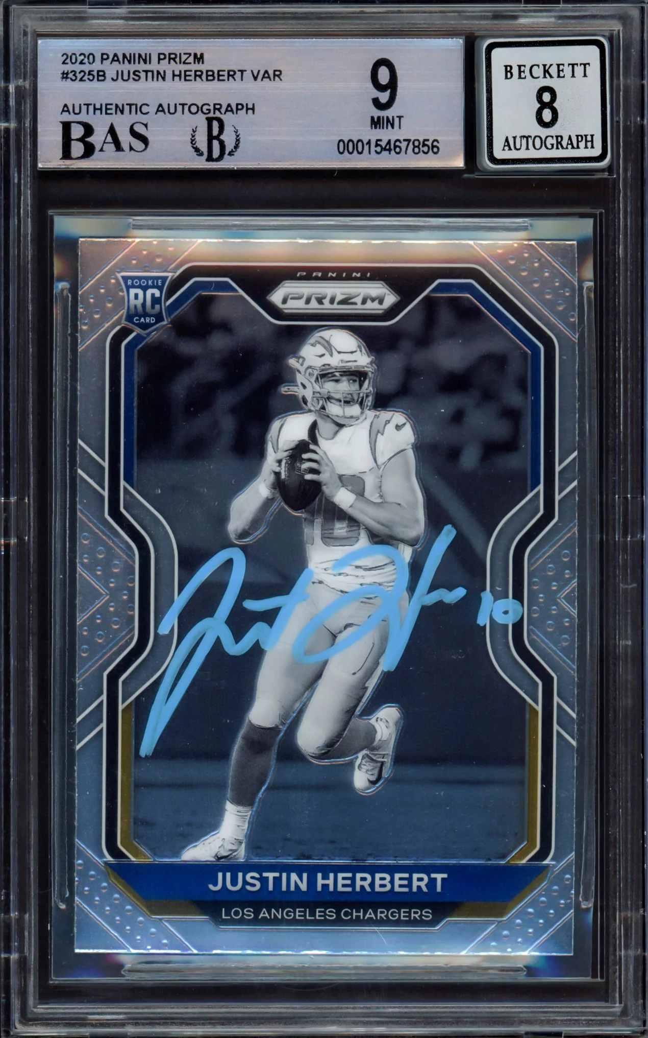 Justin Herbert Autographed 2020 Panini Prizm Variation Rookie Card #325B Los Angeles Chargers BGS 9 Auto Grade Near Mint/Mint 8 Beckett BAS #15467856