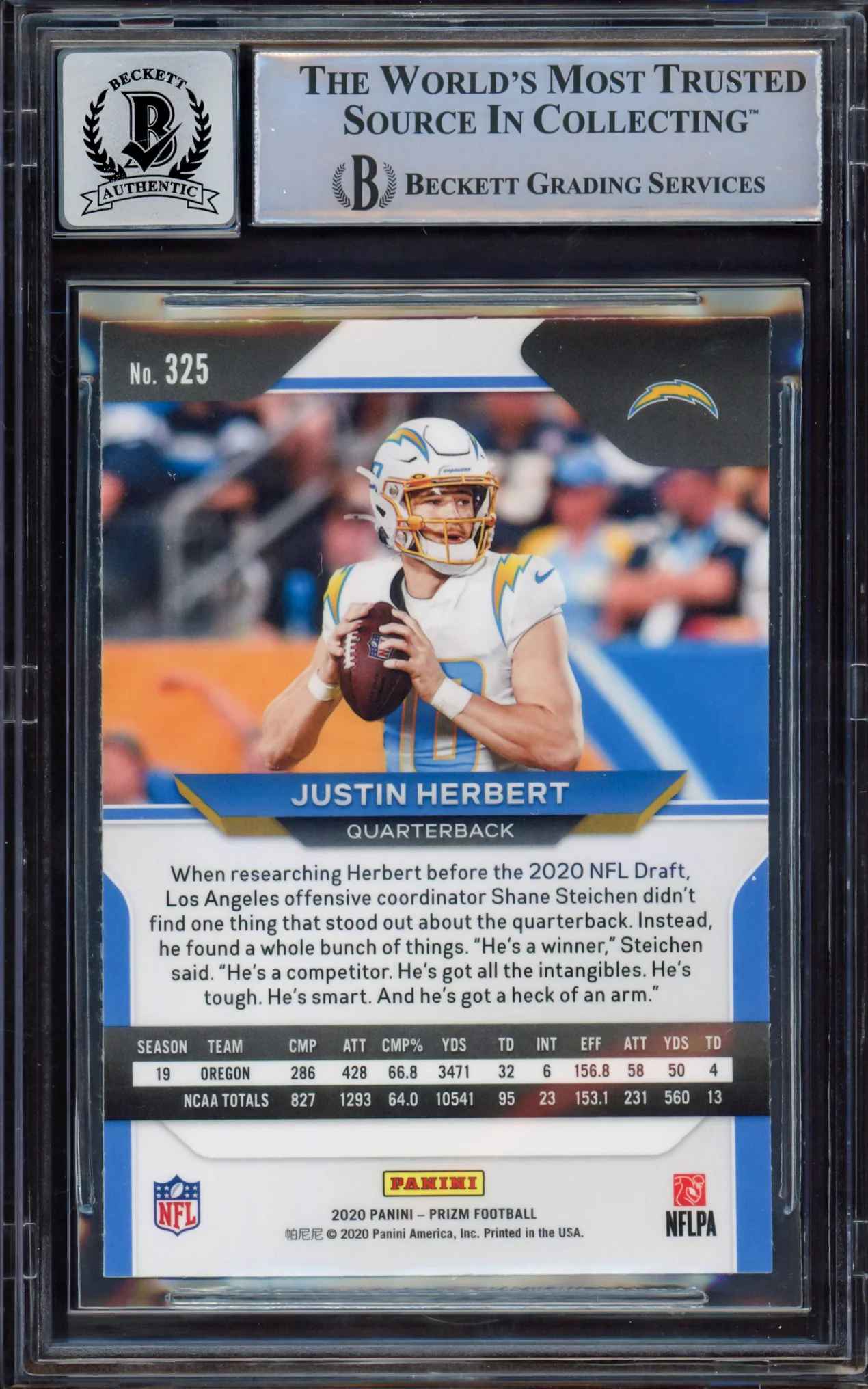 Justin Herbert Autographed 2020 Panini Prizm Variation Rookie Card #325B Los Angeles Chargers BGS 9 Auto Grade Near Mint/Mint 8 Beckett BAS #15467856 - Image 2