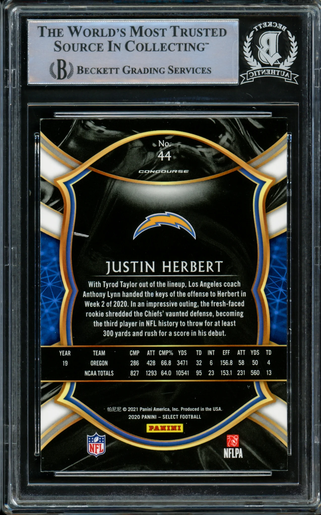 Justin Herbert Autographed 2020 Panini Select Concourse Level Rookie Card #44 Los Angeles Chargers Beckett BAS #14231502 - Image 2