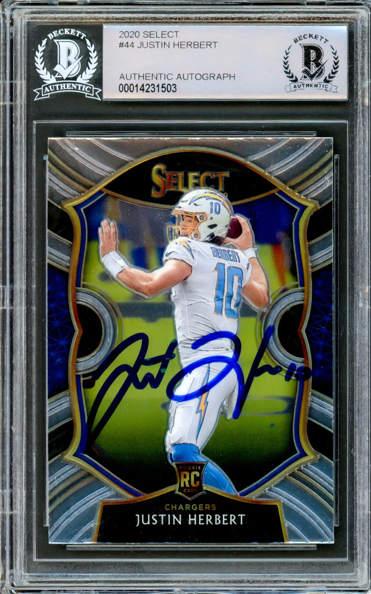 Justin Herbert Autographed 2020 Panini Select Concourse Level Rookie Card #44 Los Angeles Chargers Beckett BAS #14231503