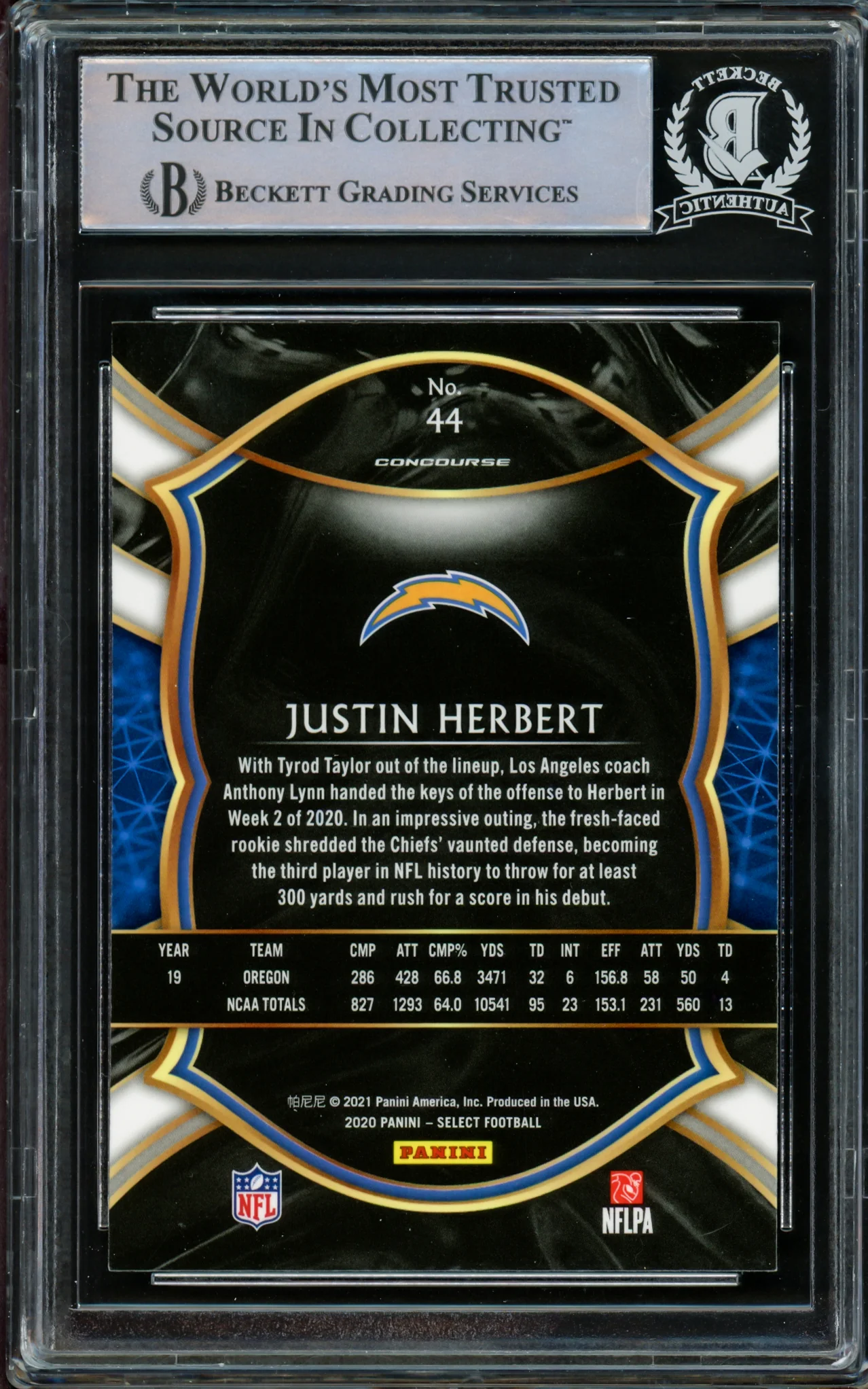 Justin Herbert Autographed 2020 Panini Select Concourse Level Rookie Card #44 Los Angeles Chargers Beckett BAS #14231503 - Image 2