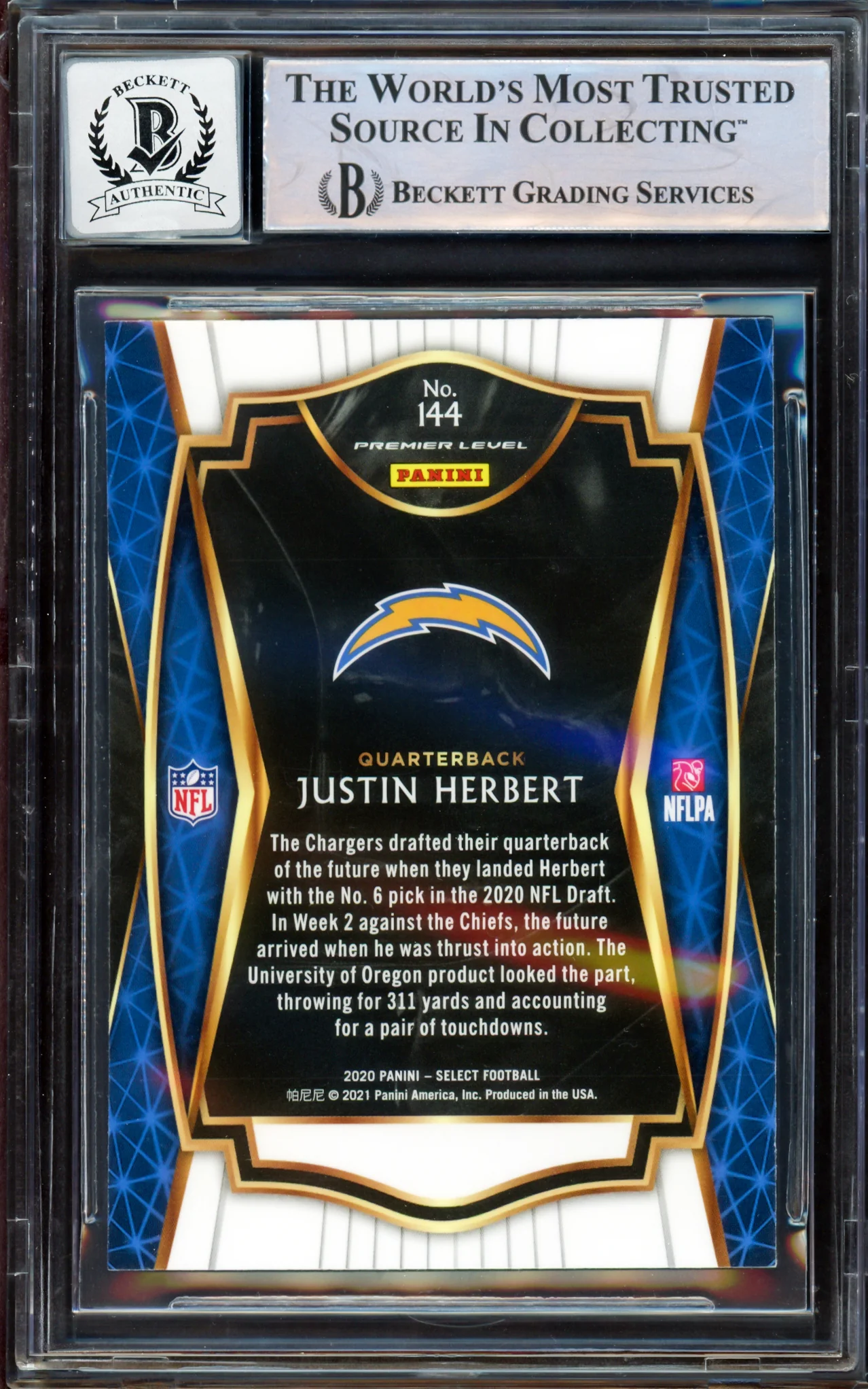 Justin Herbert Autographed 2020 Panini Select Premier Level Rookie Card #144 Los Angeles Chargers Auto Grade Gem Mint 10 Beckett BAS Stock #206095 - Image 2