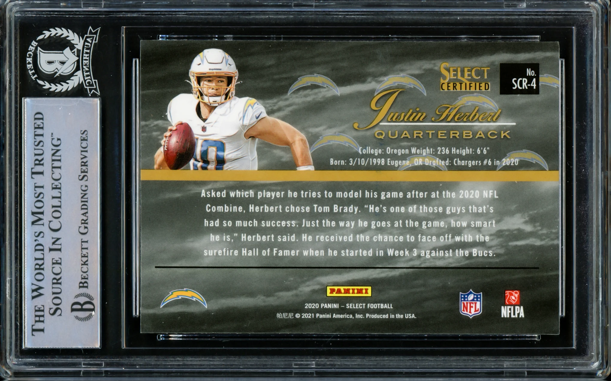 Justin Herbert Autographed 2020 Panini Select Rookie Card #SCR-4 Los Angeles Chargers Beckett BAS #14231498 - Image 2