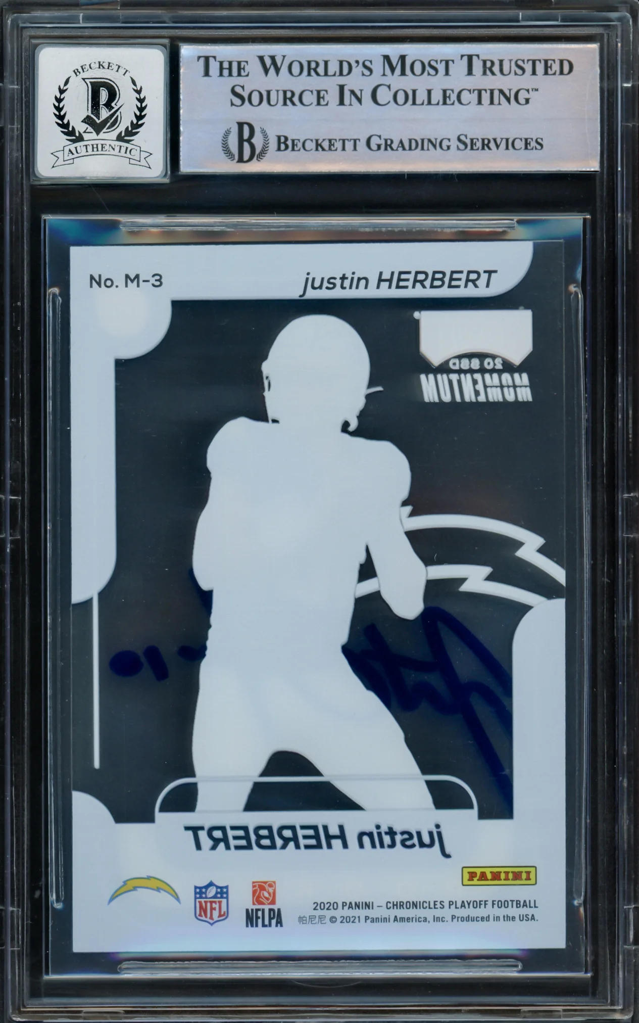 Justin Herbert Autographed 2020 Playoff Momentum Rookie Card #M-3 Los Angeles Chargers Auto Grade Gem Mint 10 Beckett BAS Stock #220330 - Image 2