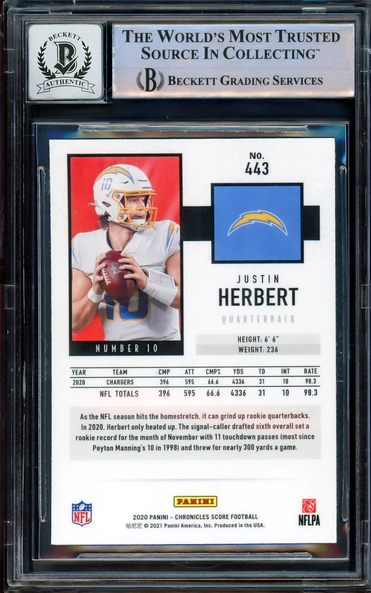 Justin Herbert Autographed 2020 Score Rookie Card #443 Los Angeles Chargers Auto Grade Gem Mint 10 Beckett BAS Stock #206675 - Image 2