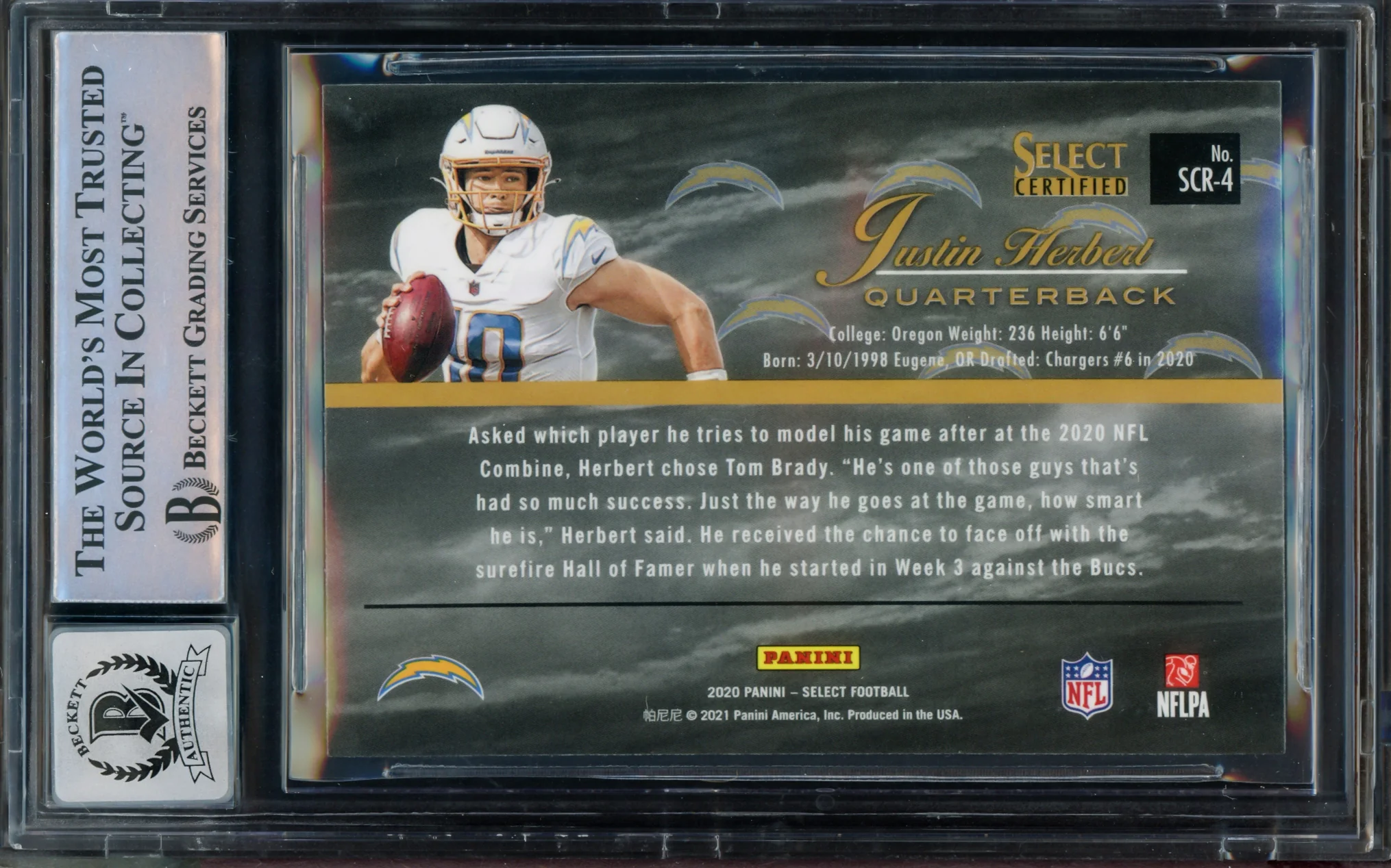 Justin Herbert Autographed 2020 Select Certified Rookie Card #4 Los Angeles Chargers Auto Grade Gem Mint 10 Beckett BAS #15297971 - Image 2