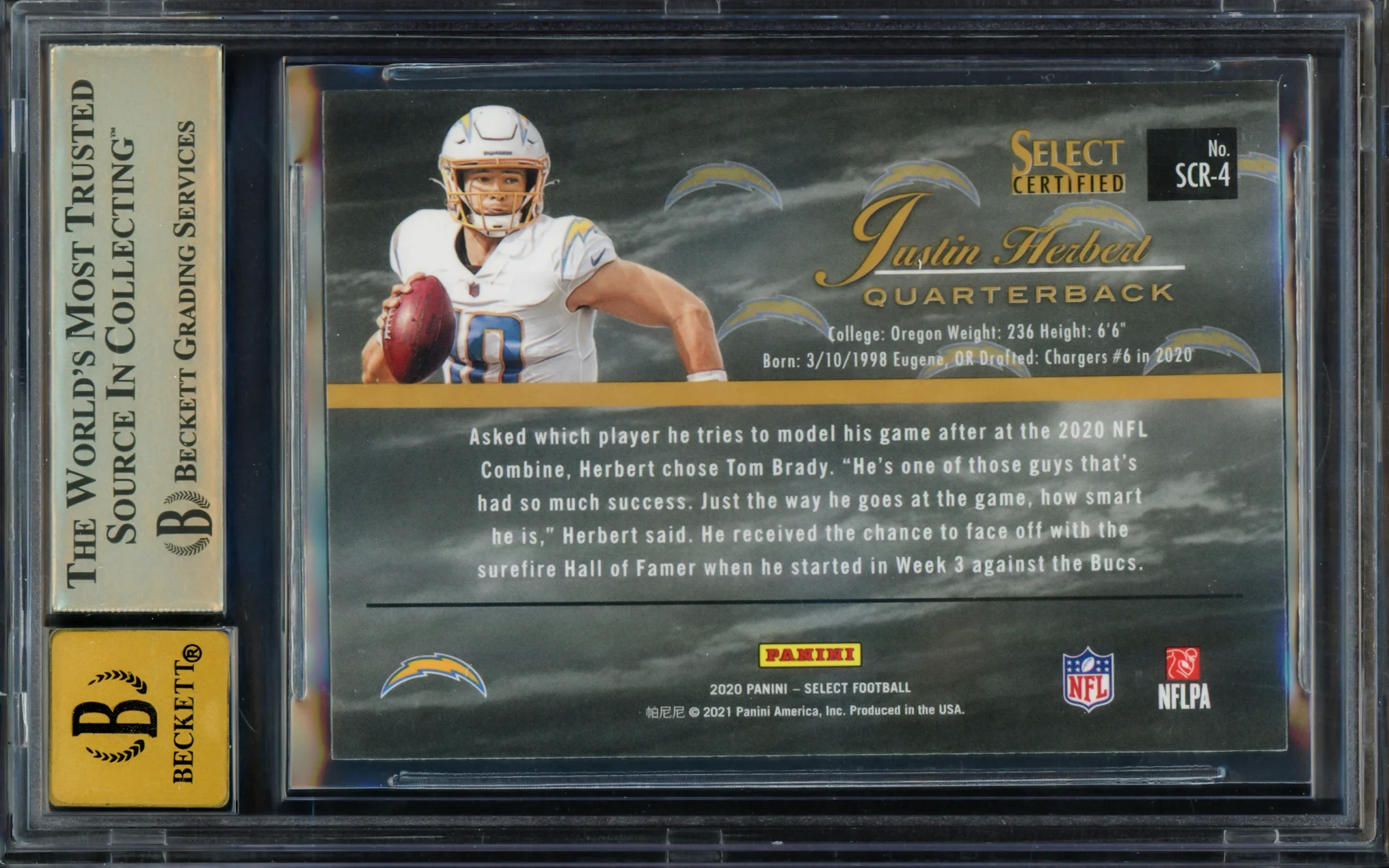 Justin Herbert Autographed 2020 Select Certified Rookie Card #4 Los Angeles Chargers BGS 9.5 Auto Grade Gem Mint 10 Beckett BAS Stock #211830 - Image 2
