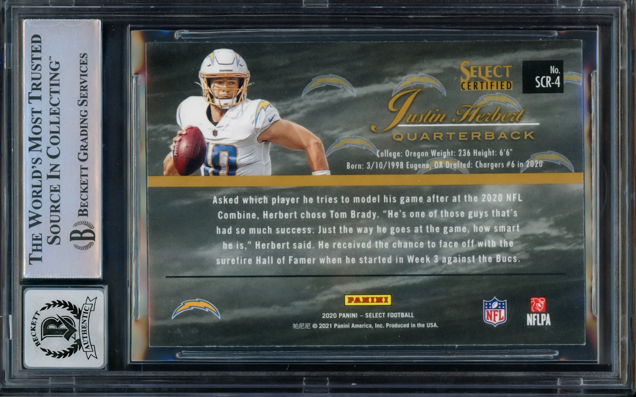 Justin Herbert Autographed 2020 Select Certified Rookie Card #4 Los Angeles Chargers BGS 9 Auto Grade Gem Mint 10 Beckett BAS #15297641 - Image 2