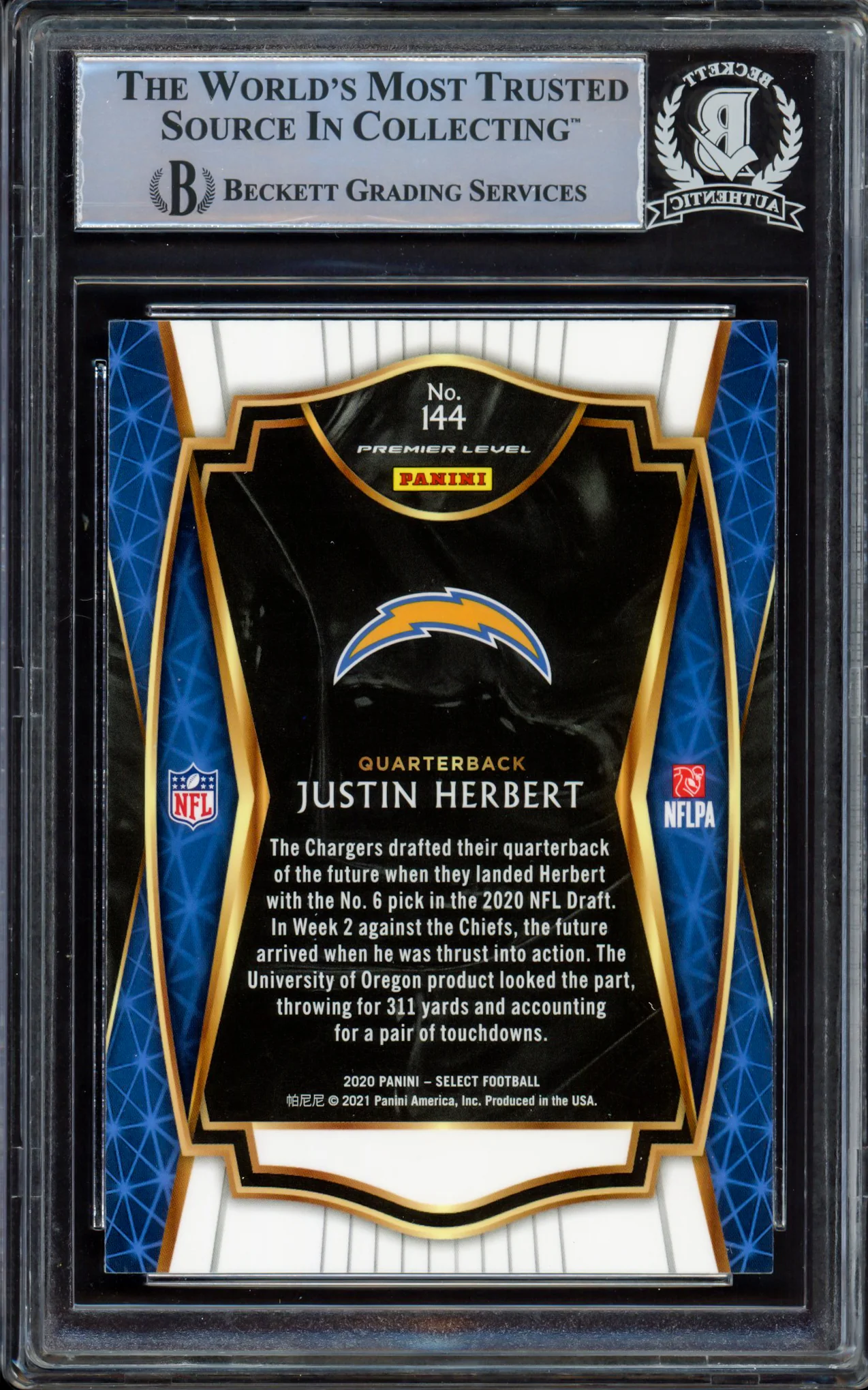 Justin Herbert Autographed 2020 Select Rookie Card #144 Los Angeles Chargers Beckett BAS #15470096 - Image 2