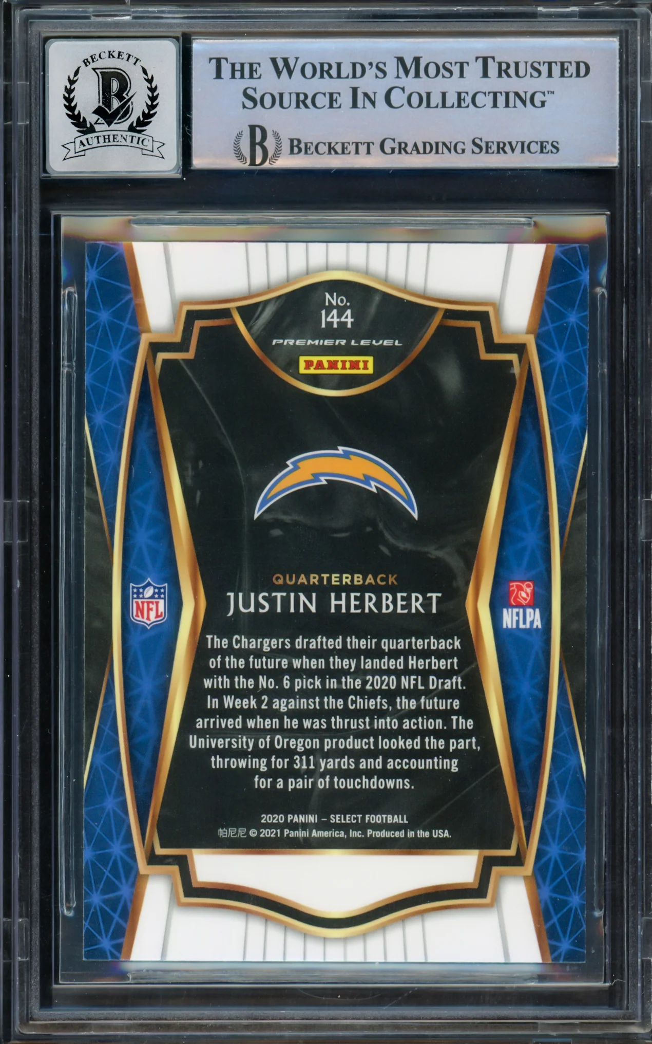 Justin Herbert Autographed 2020 Select Rookie Card #144 Los Angeles Chargers BGS 9 Auto Grade Gem Mint 10 Beckett BAS Stock #211834 - Image 2