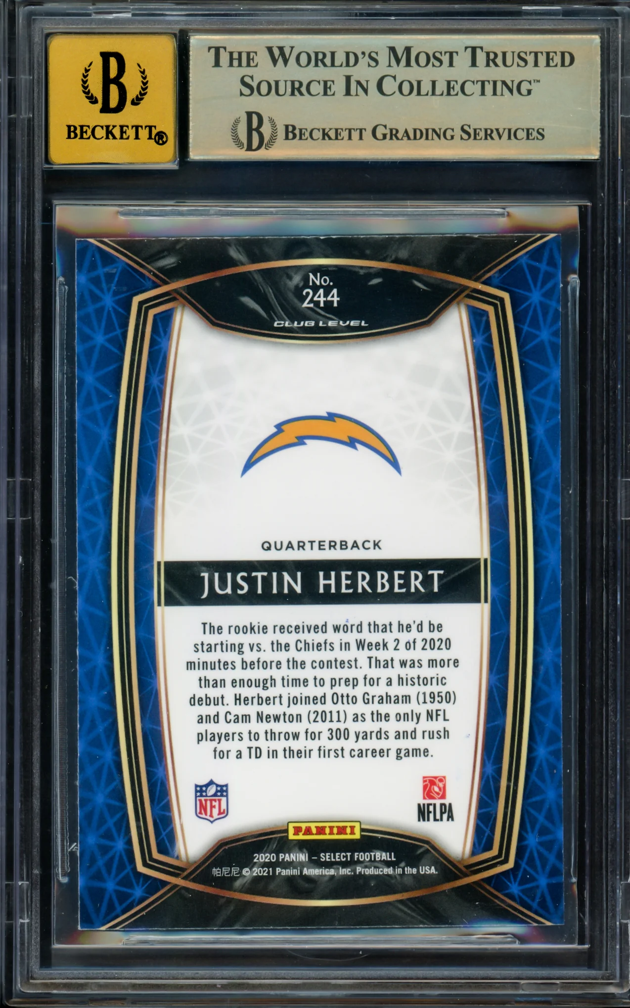 Justin Herbert Autographed 2020 Select Rookie Card #244 Los Angeles Chargers BGS 9.5 Auto Grade Gem Mint 10 Beckett BAS #15297501 - Image 2