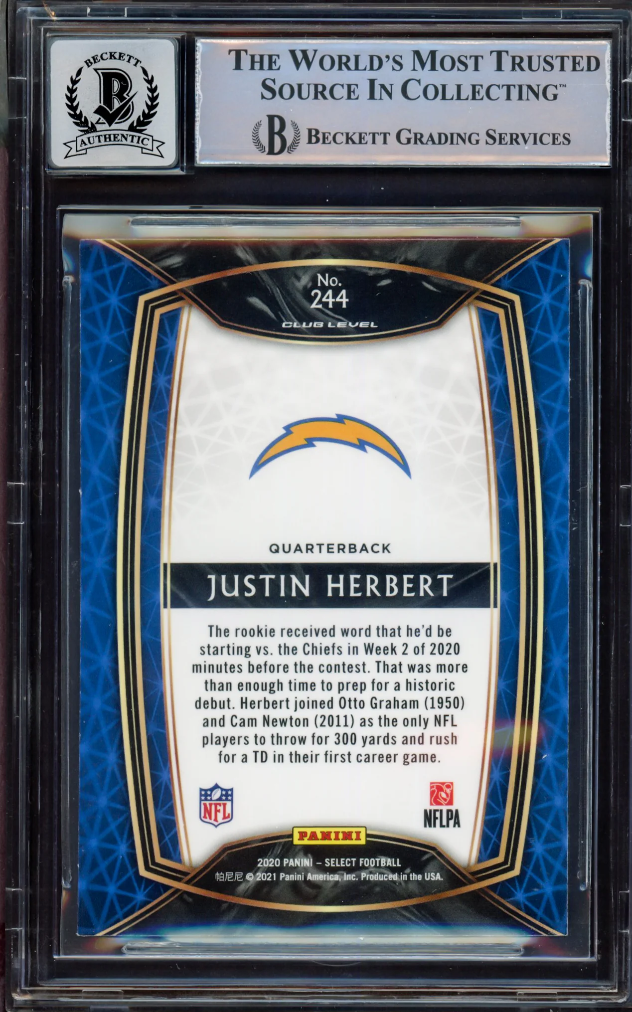 Justin Herbert Autographed 2020 Select Rookie Card #244 Los Angeles Chargers BGS 9 Auto Grade Near Mint/Mint 8 Beckett BAS #15467861 - Image 2