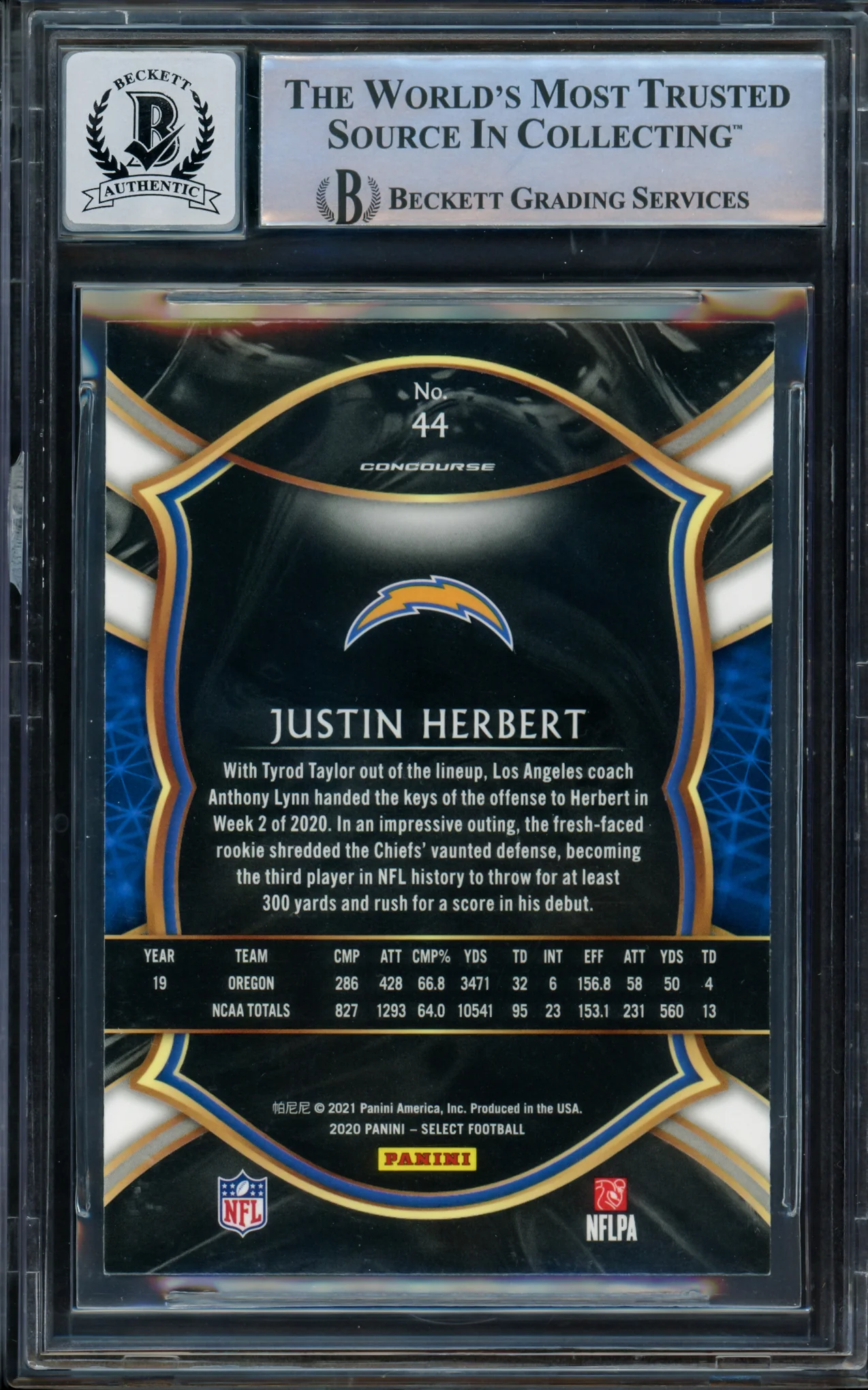 Justin Herbert Autographed 2020 Select Rookie Card #44 Los Angeles Chargers BGS 9 Auto Grade Gem Mint 10 Beckett BAS Stock #211832 - Image 2