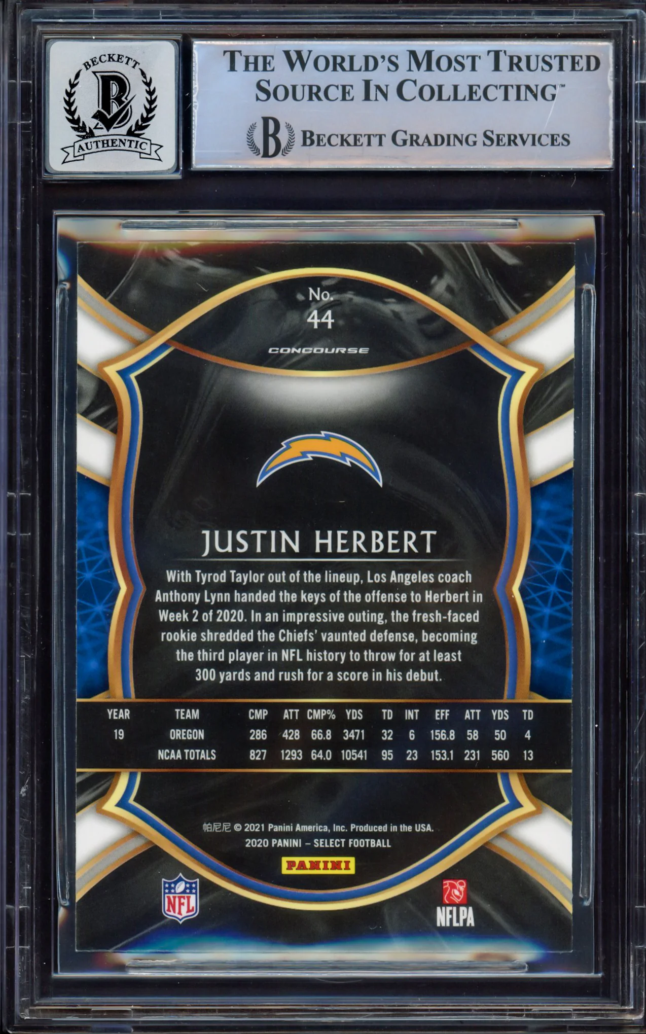 Justin Herbert Autographed 2020 Select Rookie Card #44 Los Angeles Chargers BGS 9 Auto Grade Mint 9 Beckett BAS #15467517 - Image 2