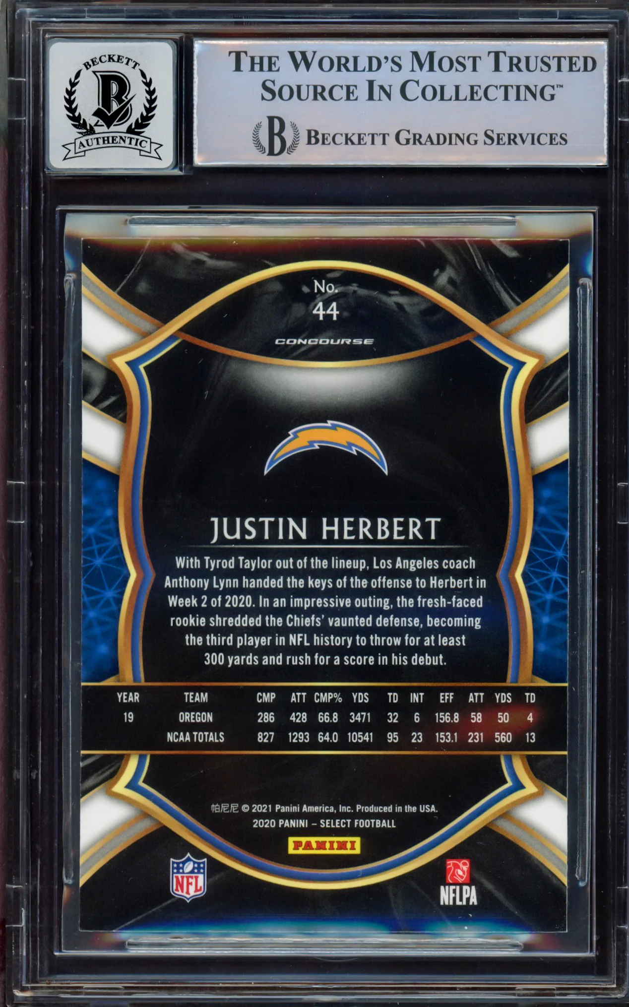 Justin Herbert Autographed 2020 Select Rookie Card #44 Los Angeles Chargers BGS 9 Auto Grade Near Mint/Mint 8 Beckett BAS #15467857 - Image 2