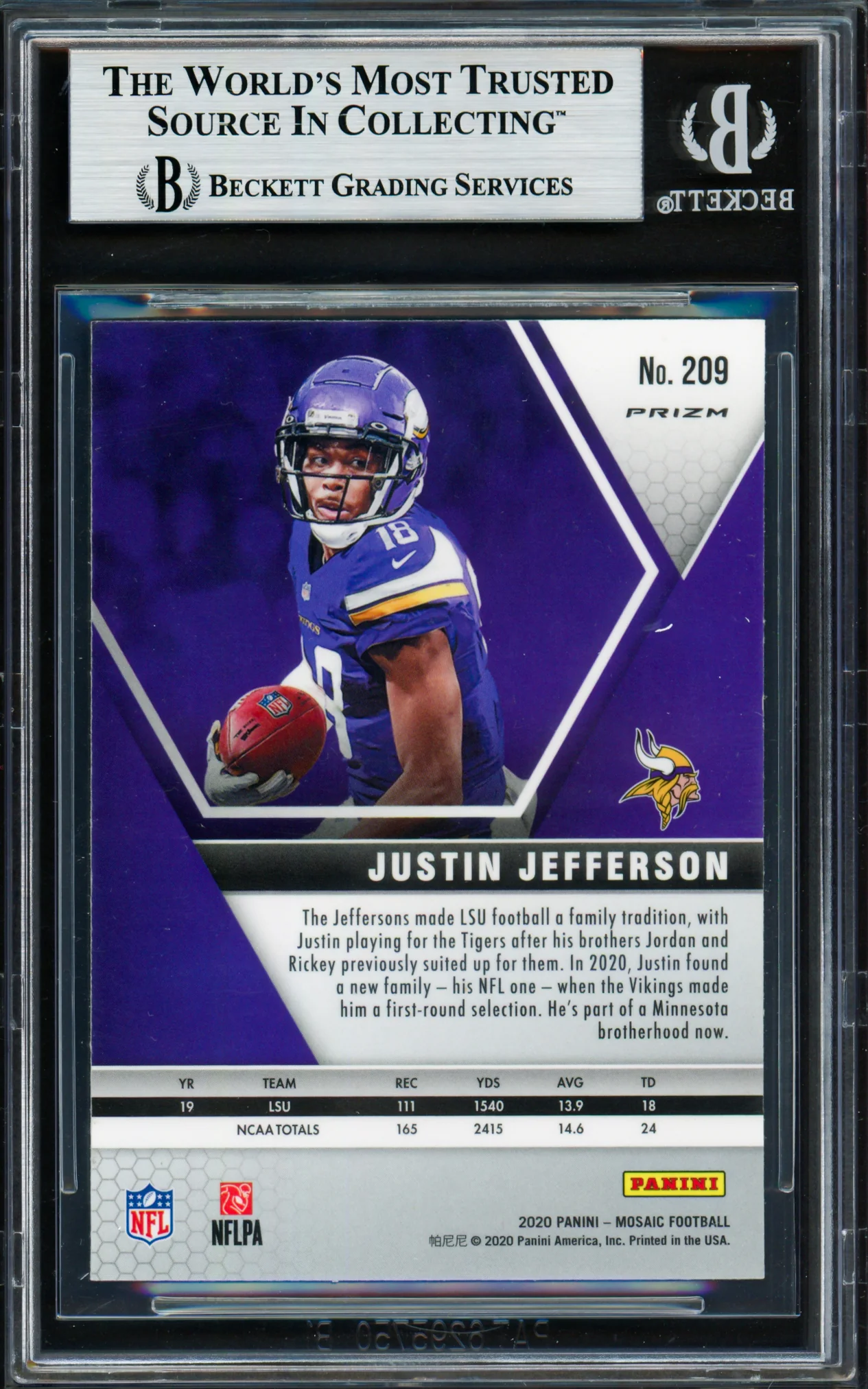 Justin Jefferson Autographed 2020 Panini Mosaic Red Prizm Rookie Card #209 Minnesota Vikings Beckett BAS #18628800 - Image 2