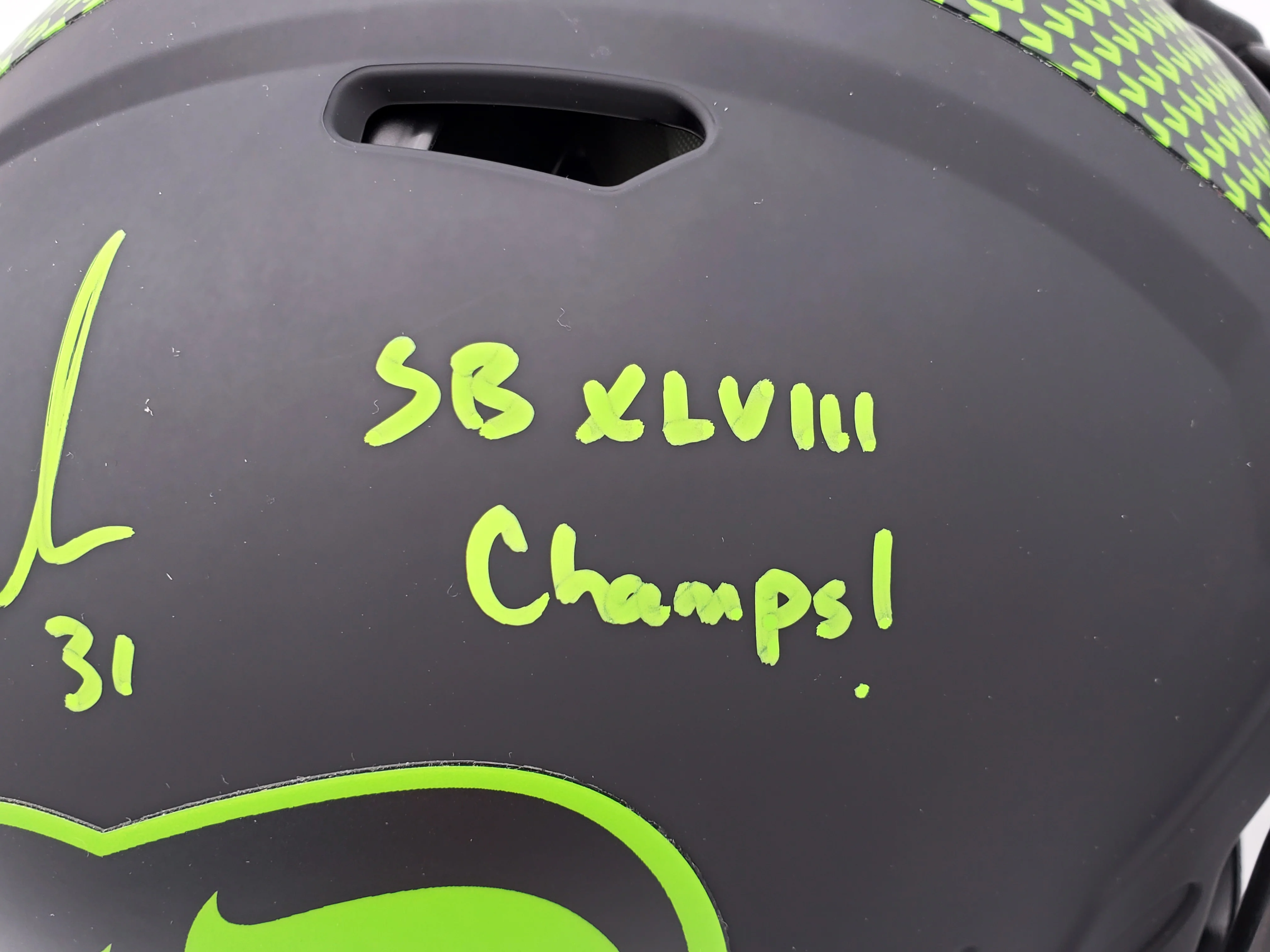 Kam Chancellor Autographed Seattle Seahawks Eclipse Black Full Size Authentic Speed Helmet "SB Champs" MCS Holo Stock #197180 - Image 3