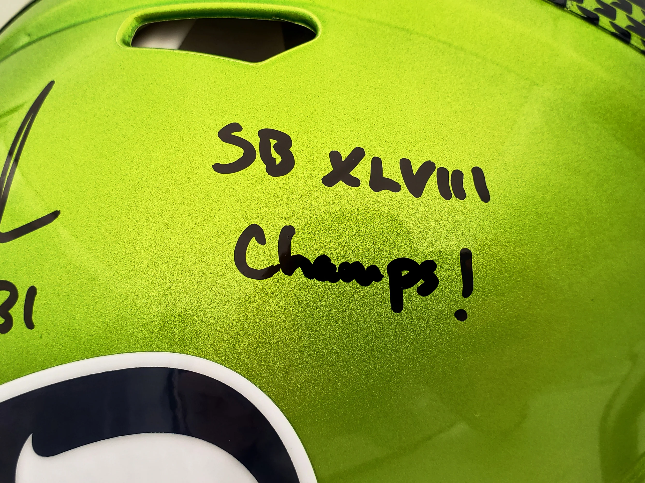 Kam Chancellor Autographed Seattle Seahawks Flash Green Full Size Authentic Speed Helmet "SB Champs" MCS Holo Stock #197182 - Image 3