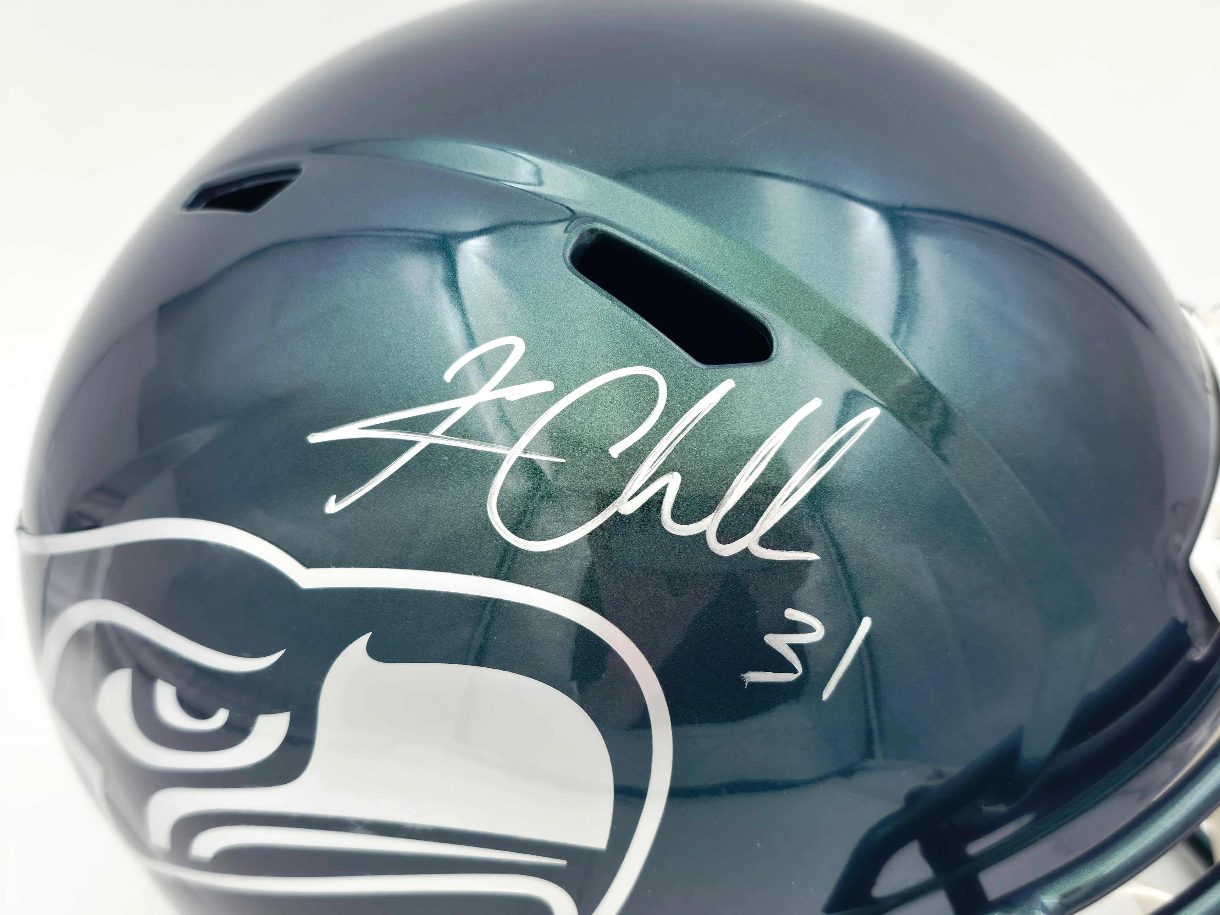 Kam Chancellor Autographed Seattle Seahawks Metallic Green Rivalries Full Size Speed Replica Helmet Beckett BAS Witness Stock #258291 - Image 2