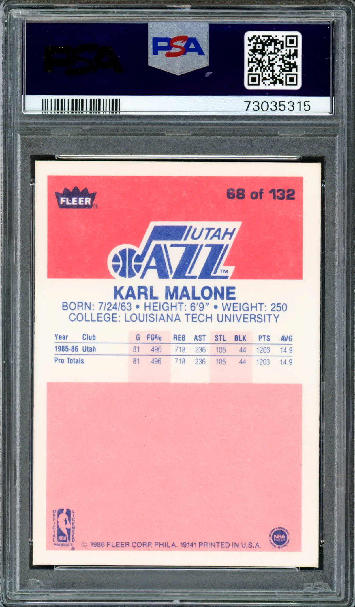 Karl Malone Autographed 1986 Fleer Rookie Card #68 Utah Jazz PSA 7 Auto Grade Gem Mint 10 PSA/DNA #73035315 - Image 2