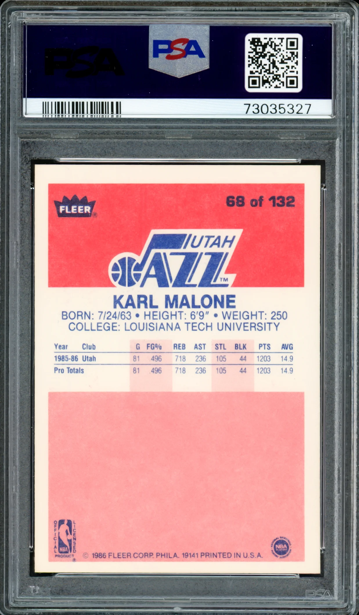 Karl Malone Autographed 1986 Fleer Rookie Card #68 Utah Jazz PSA 7 Auto Grade Gem Mint 10 PSA/DNA #73035327 - Image 2