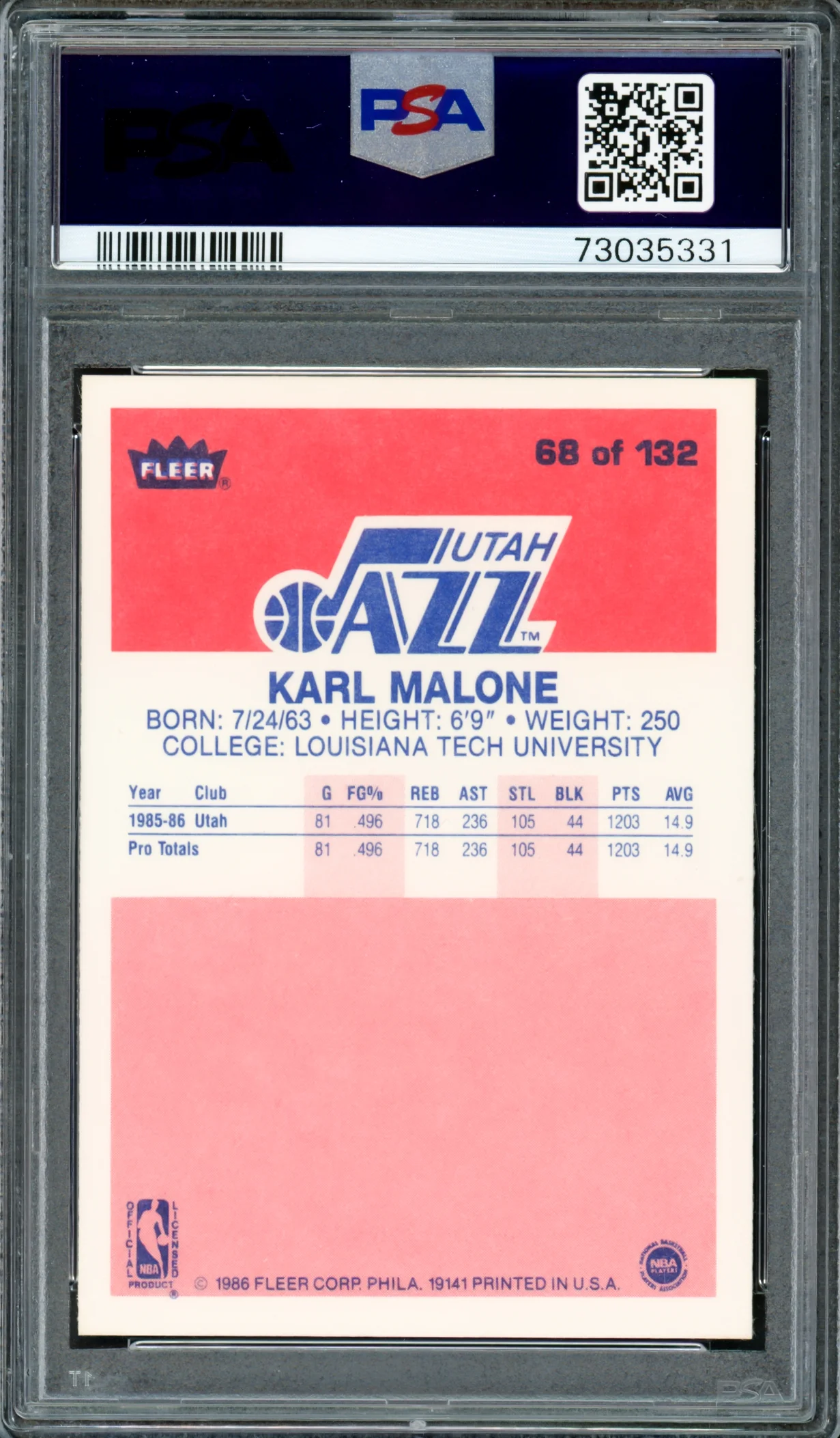 Karl Malone Autographed 1986 Fleer Rookie Card #68 Utah Jazz PSA 8 Auto Grade Gem Mint 10 PSA/DNA #73035331 - Image 2