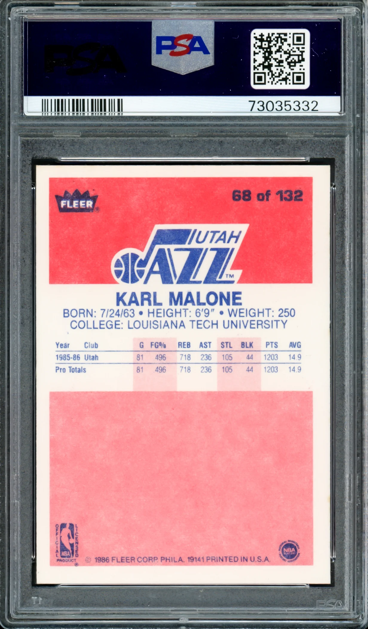 Karl Malone Autographed 1986 Fleer Rookie Card #68 Utah Jazz PSA 8 Auto Grade Gem Mint 10 PSA/DNA #73035332 - Image 2