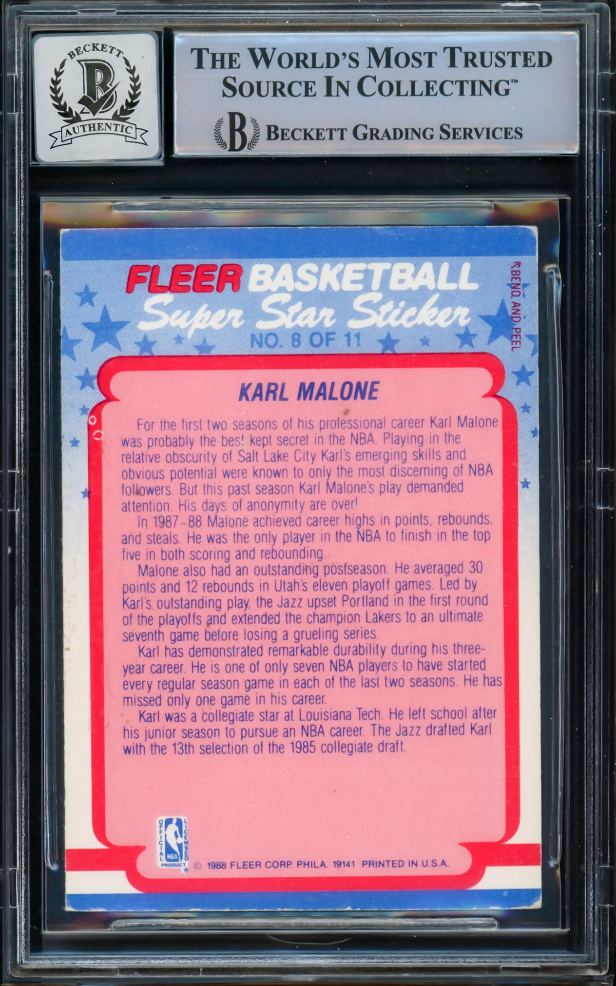Karl Malone Autographed 1988-89 Fleer Sticker Card #8 Utah Jazz Auto Grade Gem Mint 10 Beckett BAS #15773080 - Image 2