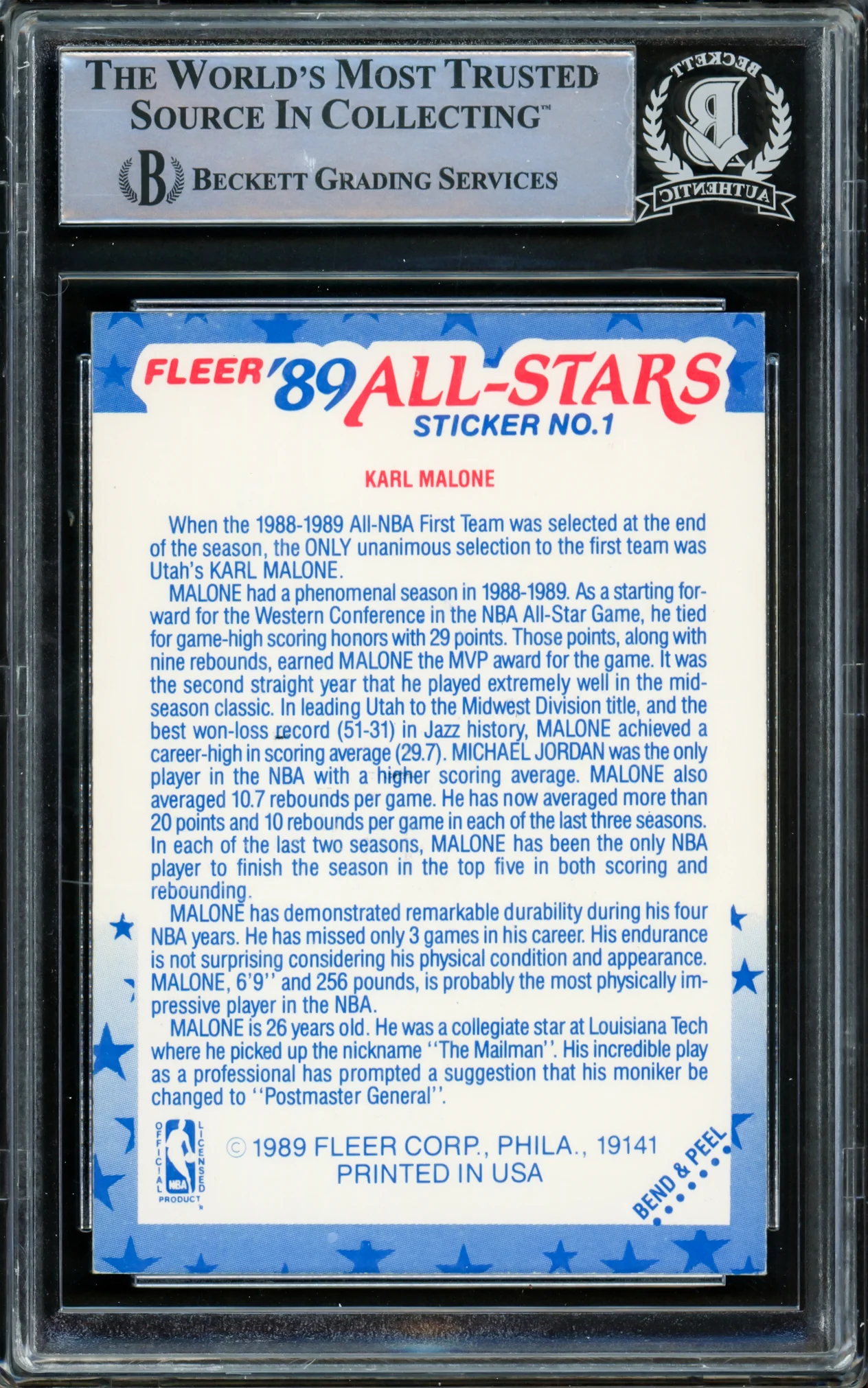 Karl Malone Autographed 1989-90 Fleer Sticker Card #1 Utah Jazz Beckett BAS #15781091 - Image 2