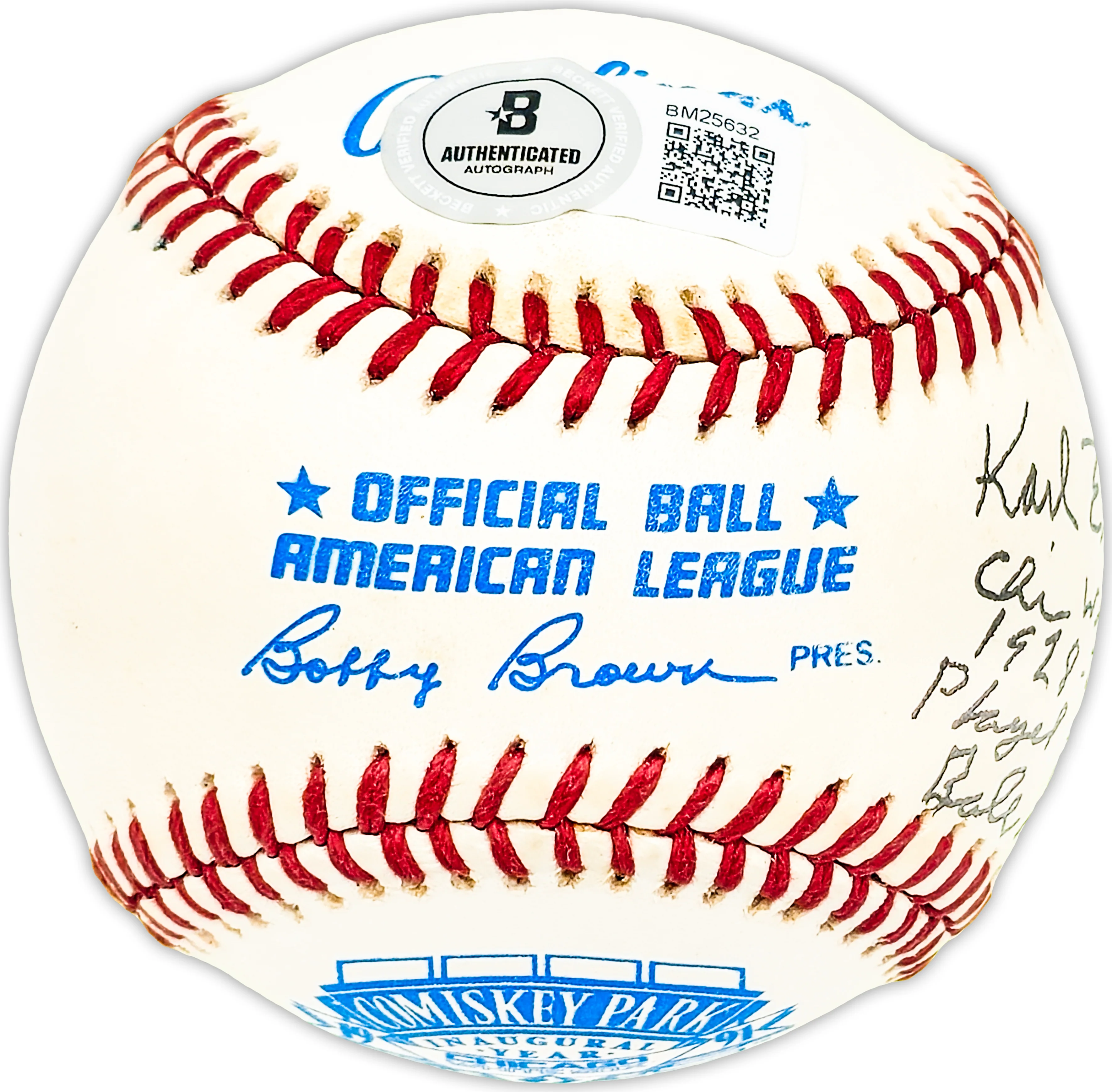 Karl Swanson Autographed Official Comiskey Park AL Baseball Chicago White Sox "1928-29-30 Played against Babe Ruth & Lou Gehrig" Beckett BAS QR #BM25632 - Image 2