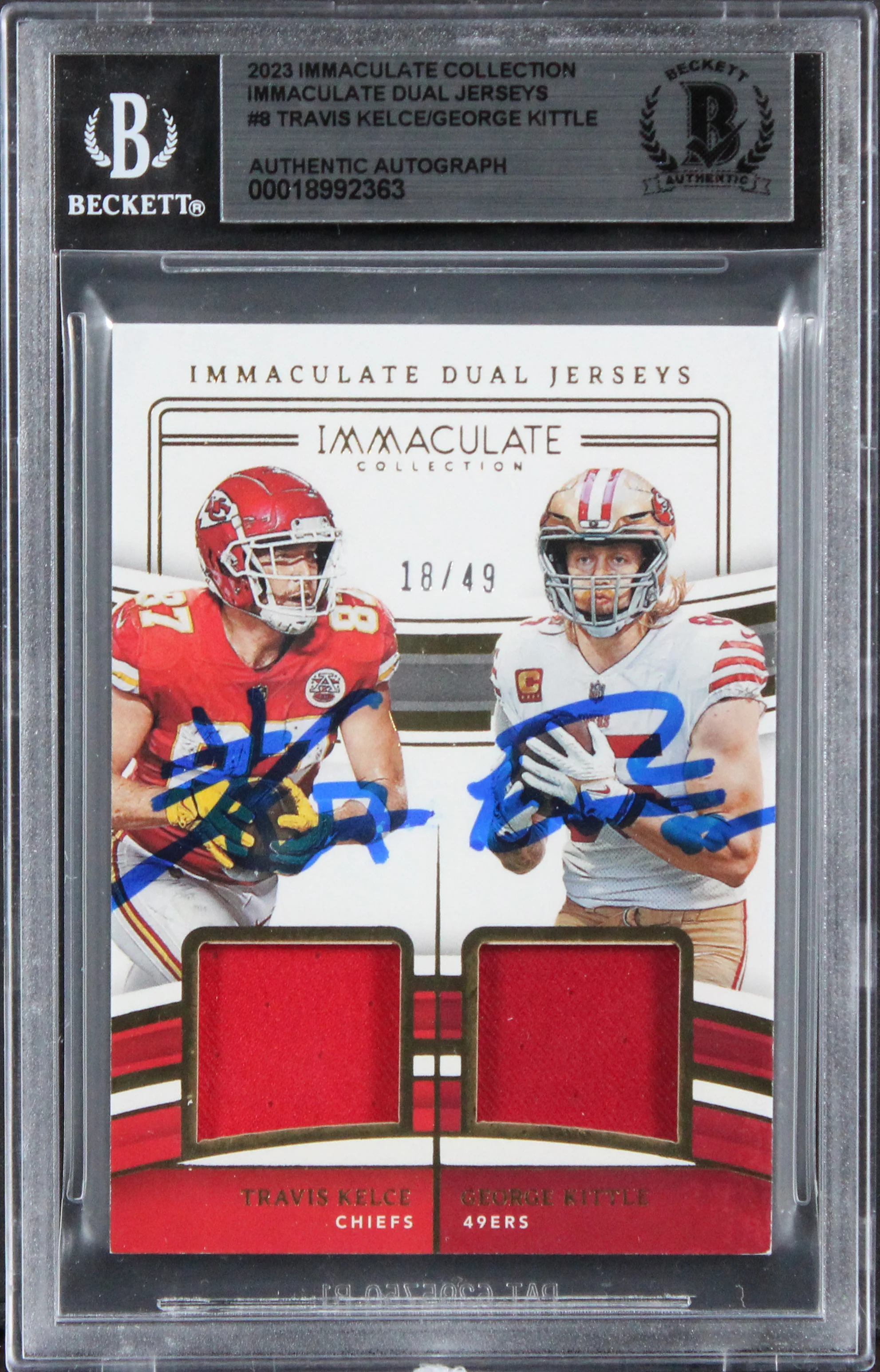 Kelce & Kittle Signed 2023 Immaculate Collection DJ #8 18/49 Card BAS Slabbed - Image 2