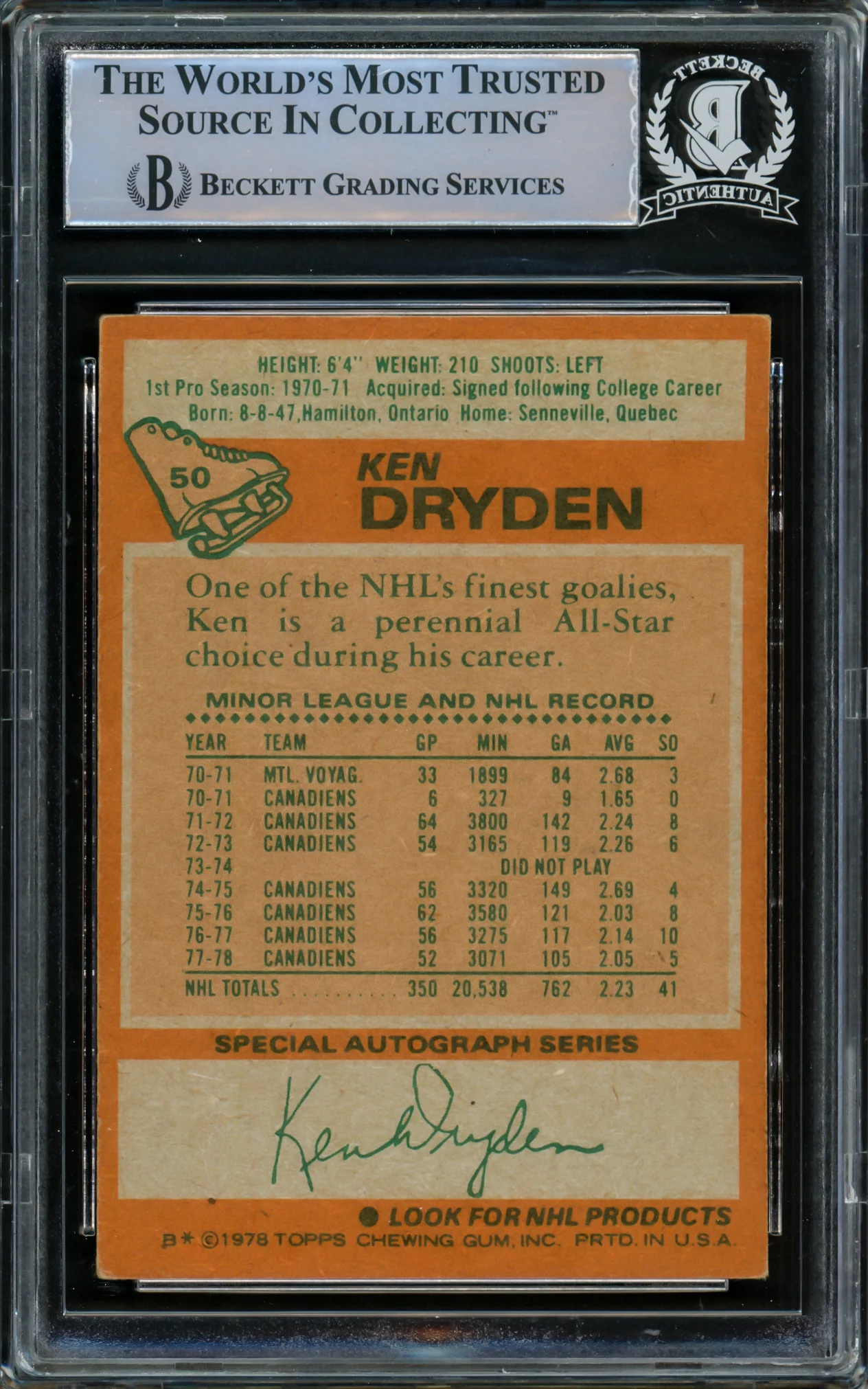Ken Dryden Autographed 1978-79 Topps Card #50 Montreal Canadiens Beckett BAS #15500173 - Image 2