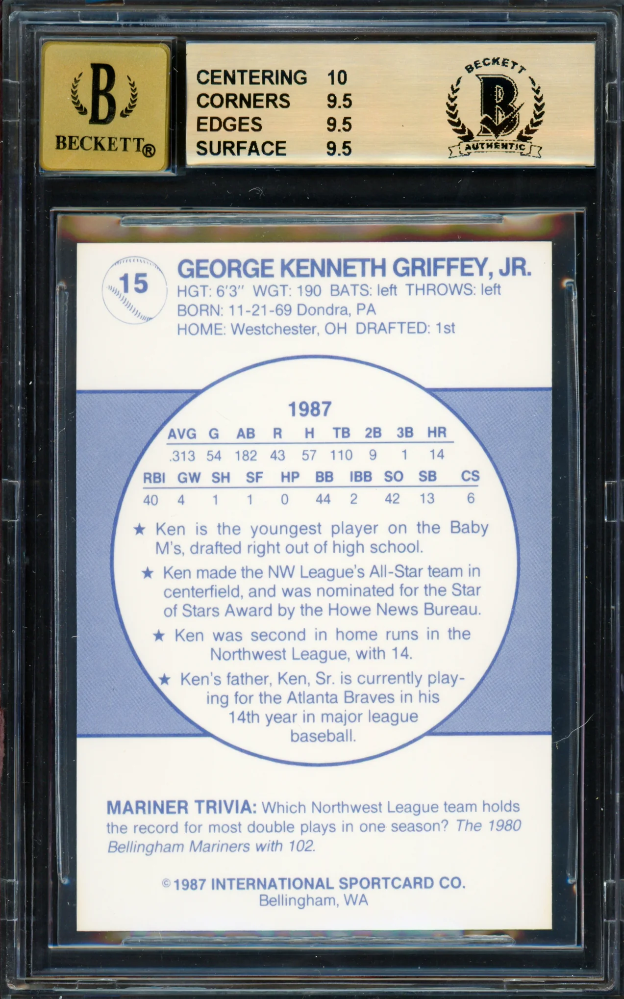 Ken Griffey Jr. Autographed 1987 Bellingham Rookie Card #15 Seattle Mariners BGS 9.5 Auto Grade Gem Mint 10 "87 #1 Pick" Beckett BAS #14869004 - Image 2