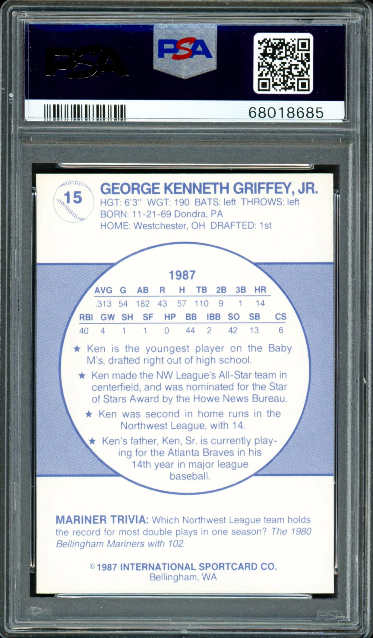 Ken Griffey Jr. Autographed 1987 Bellingham Rookie Card #15 Seattle Mariners PSA 9 Auto Grade Gem Mint 10 "87 #1 Pick" PSA/DNA #68018685 - Image 2