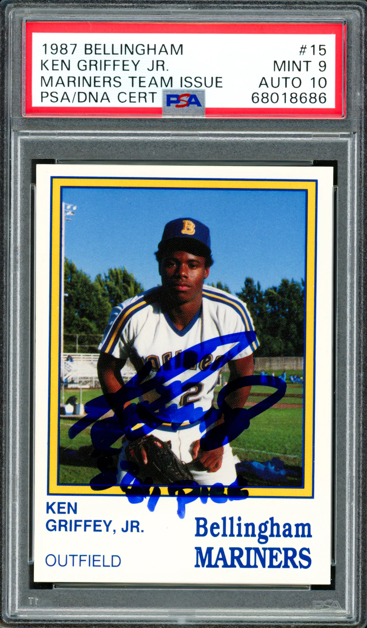 Ken Griffey Jr. Autographed 1987 Bellingham Rookie Card #15 Seattle Mariners PSA 9 Auto Grade Gem Mint 10 "87 #1 Pick" PSA/DNA #68018686
