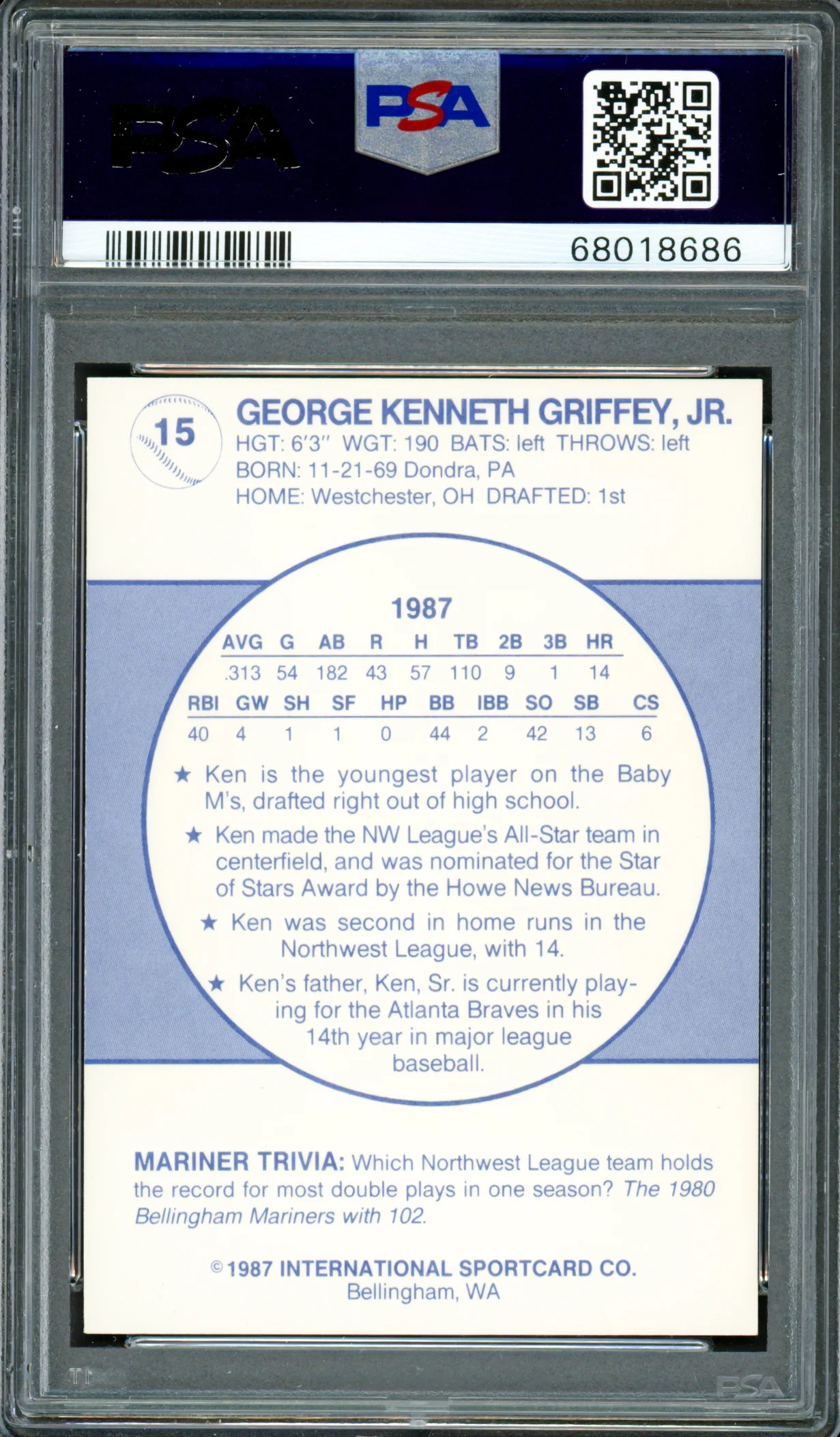 Ken Griffey Jr. Autographed 1987 Bellingham Rookie Card #15 Seattle Mariners PSA 9 Auto Grade Gem Mint 10 "87 #1 Pick" PSA/DNA #68018686 - Image 2