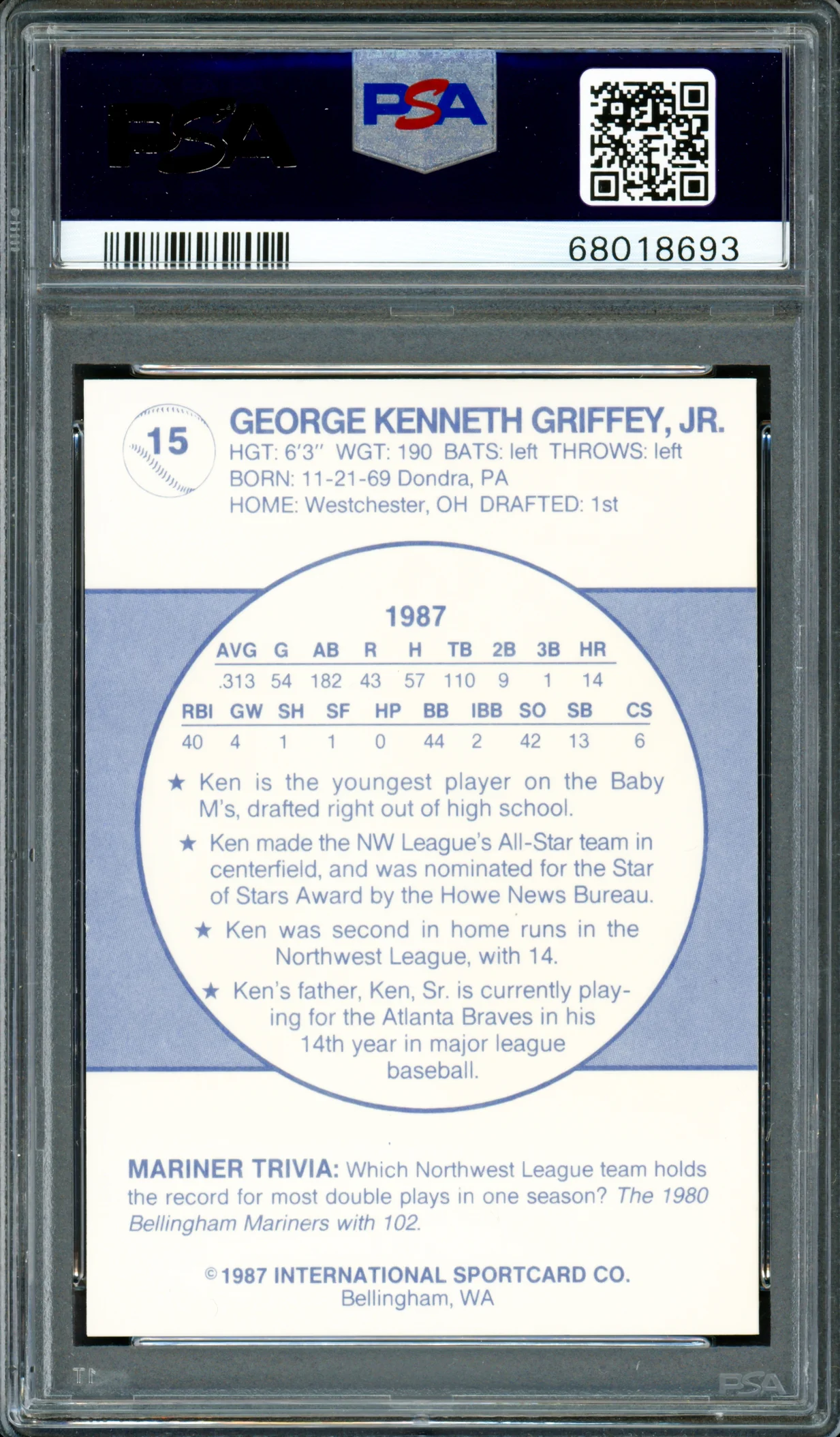 Ken Griffey Jr. Autographed 1987 Bellingham Rookie Card #15 Seattle Mariners PSA 9 Auto Grade Gem Mint 10 "87 #1 Pick" PSA/DNA #68018693 - Image 2