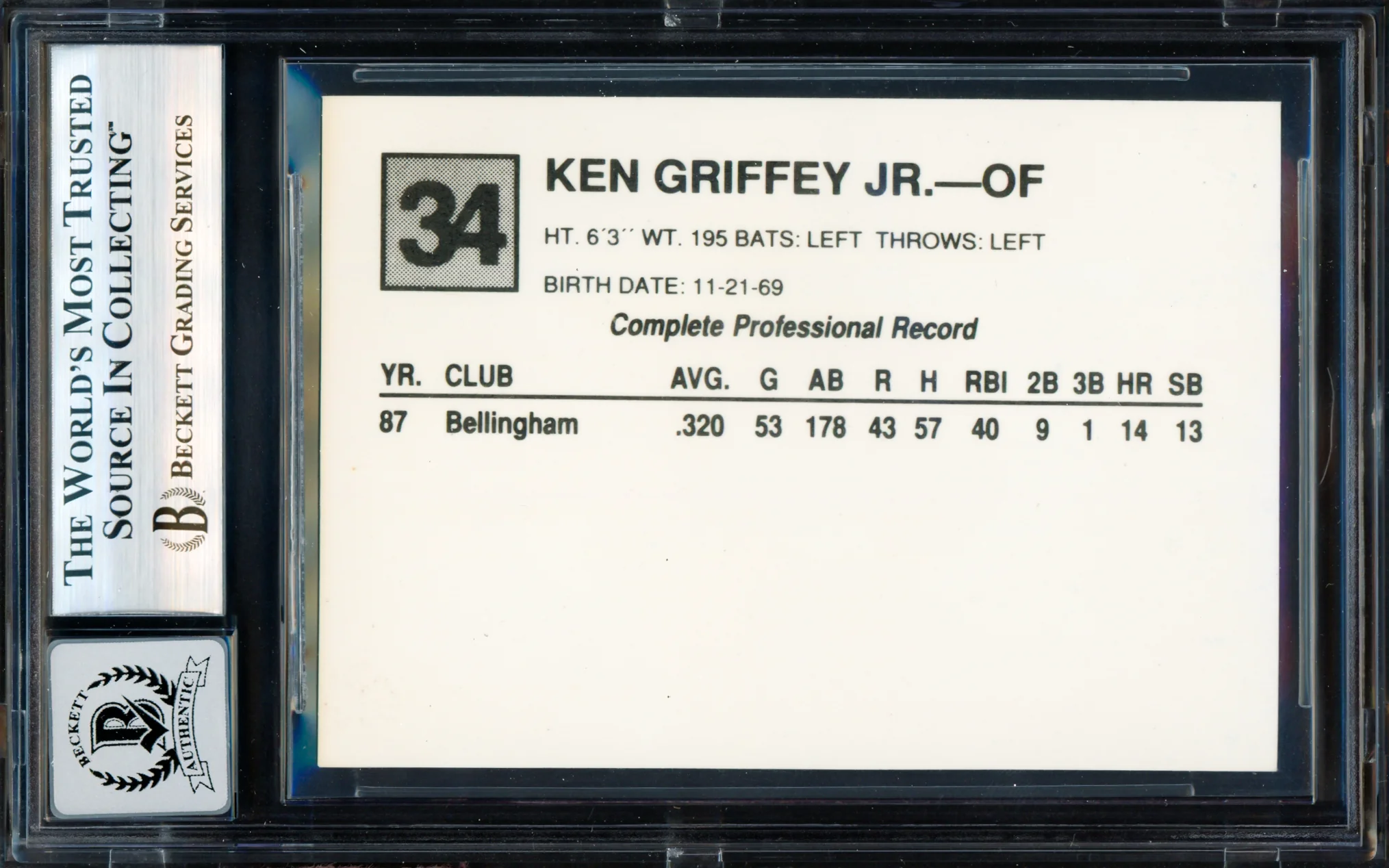 Ken Griffey Jr. Autographed 1988 Cal League Rookie Card #34 Seattle Mariners Auto Grade Gem Mint 10 Beckett BAS #19823430 - Image 2